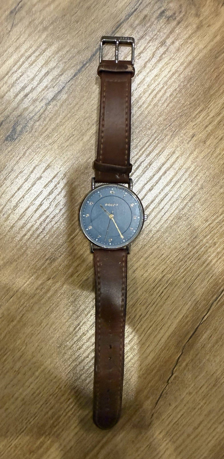 BREDA Mens Dress Silver Tone Brown Leather Band Blue Minimalist Watch