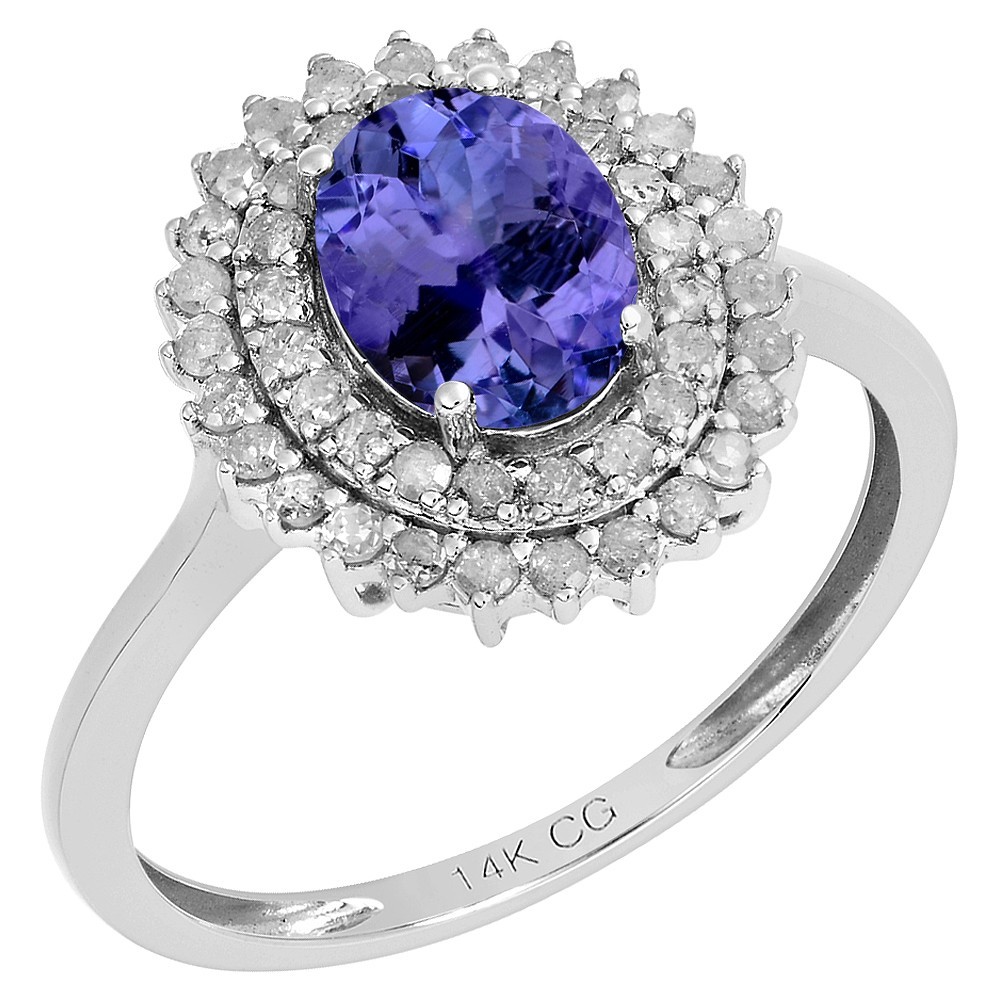 14k Solid White Gold Oval Natural Tanzanite & Double Halo Diamond Ring