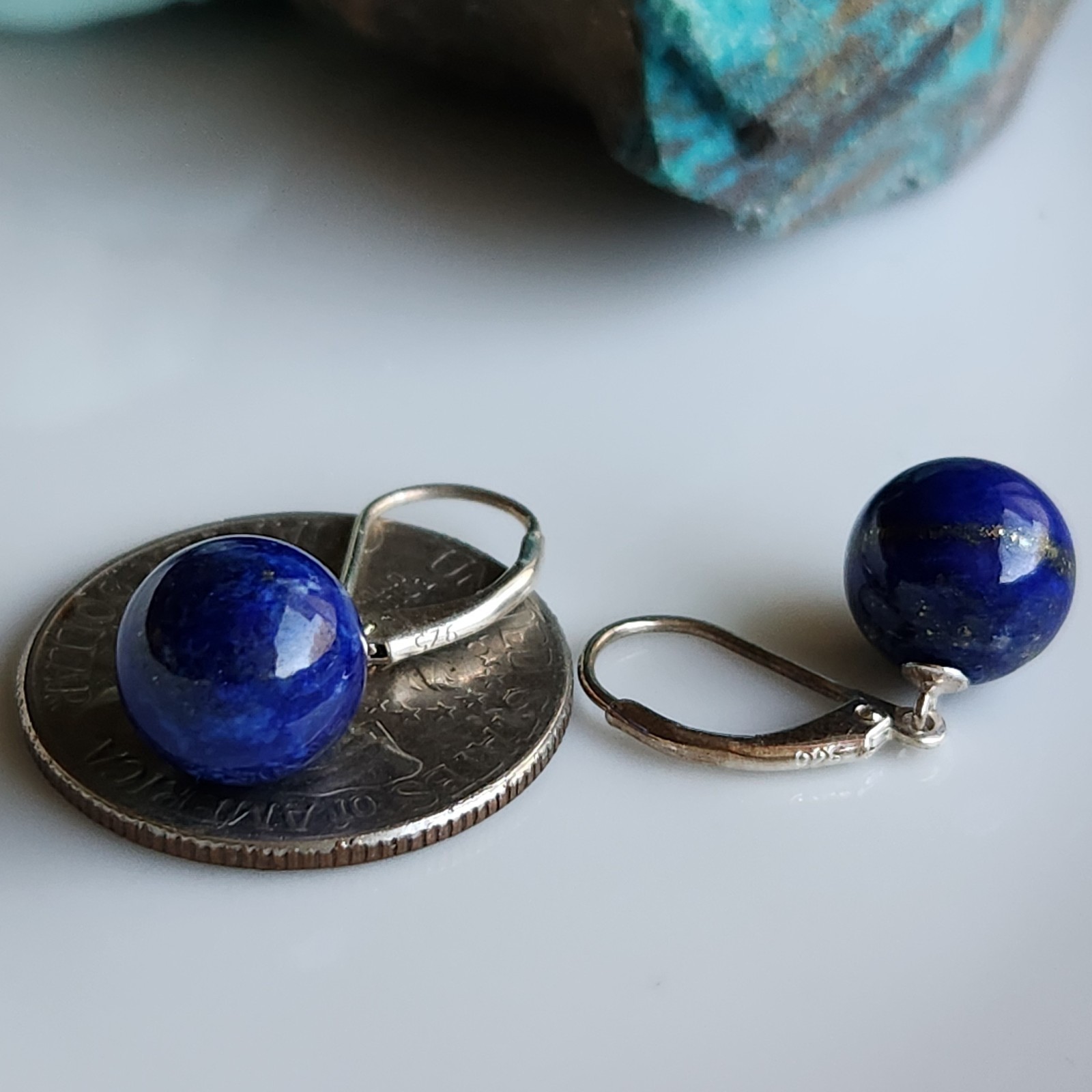 Natural Lapis Lazuli Tear Drop Round 10.2mm LEVER BACK 1” EARRINGS 925 Silver