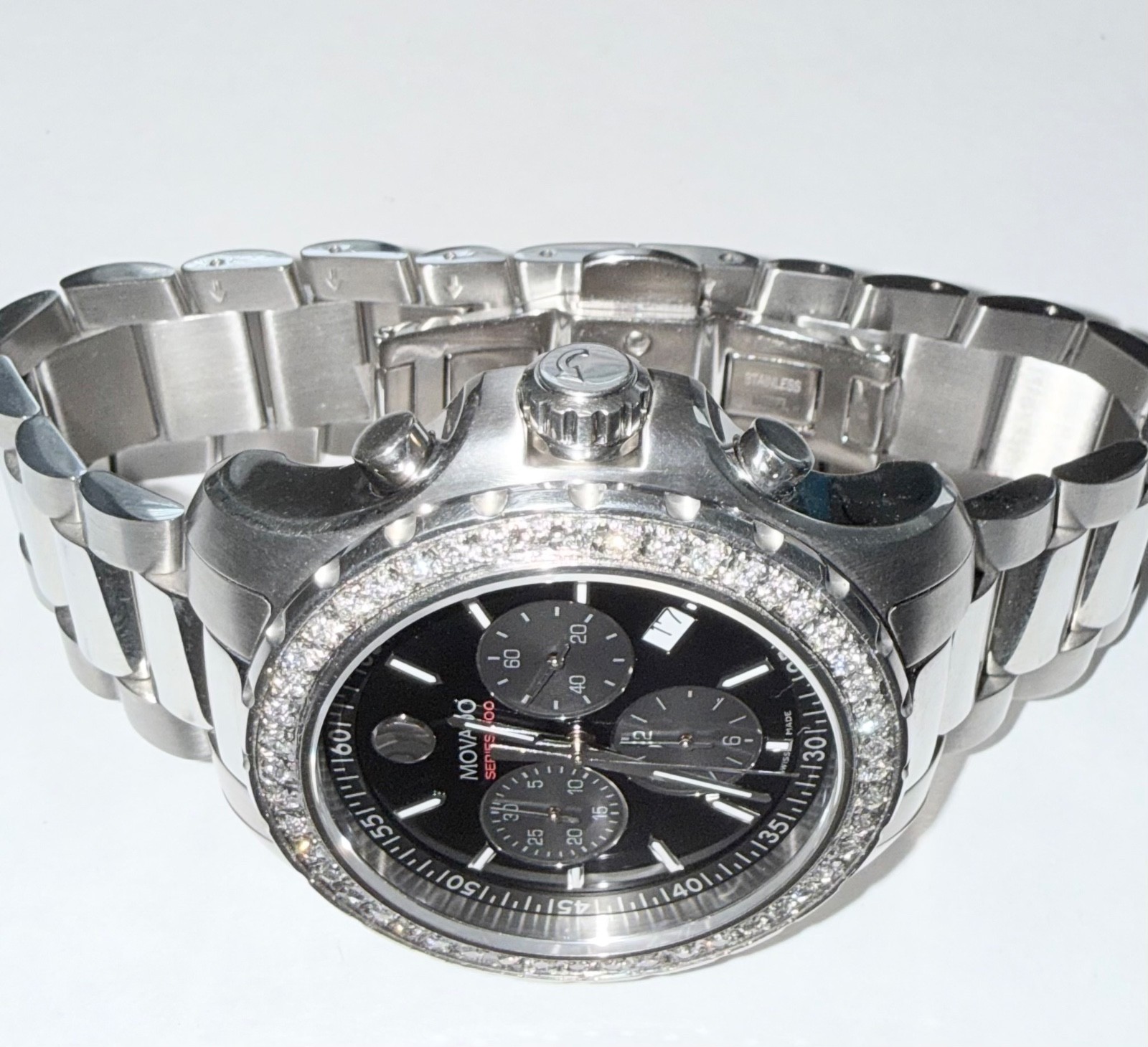 Authentic Movado Men’s Series 800 Chronograph Lab Grown Diamond Black Dial Watch