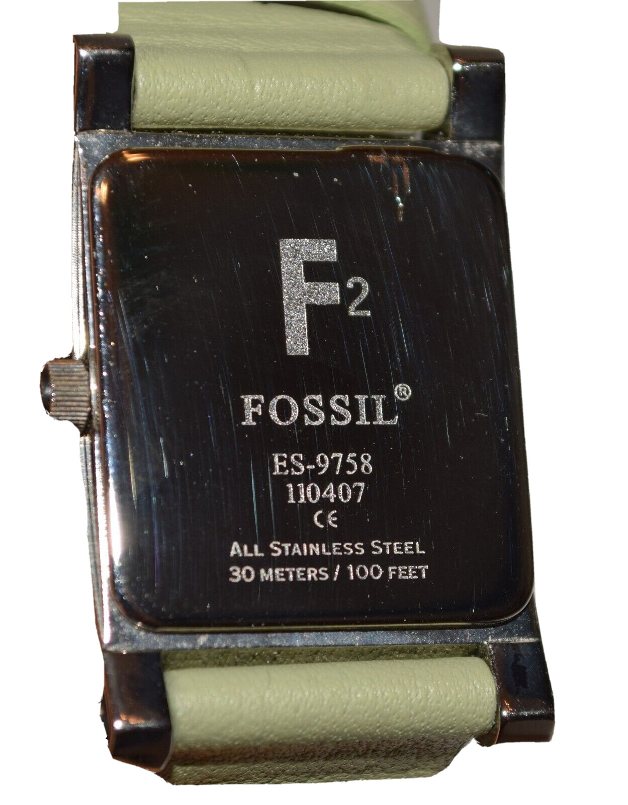Fossil F2 Model ES-9758 Silver Tone Wristwatch w Olive Green Leather Wristband