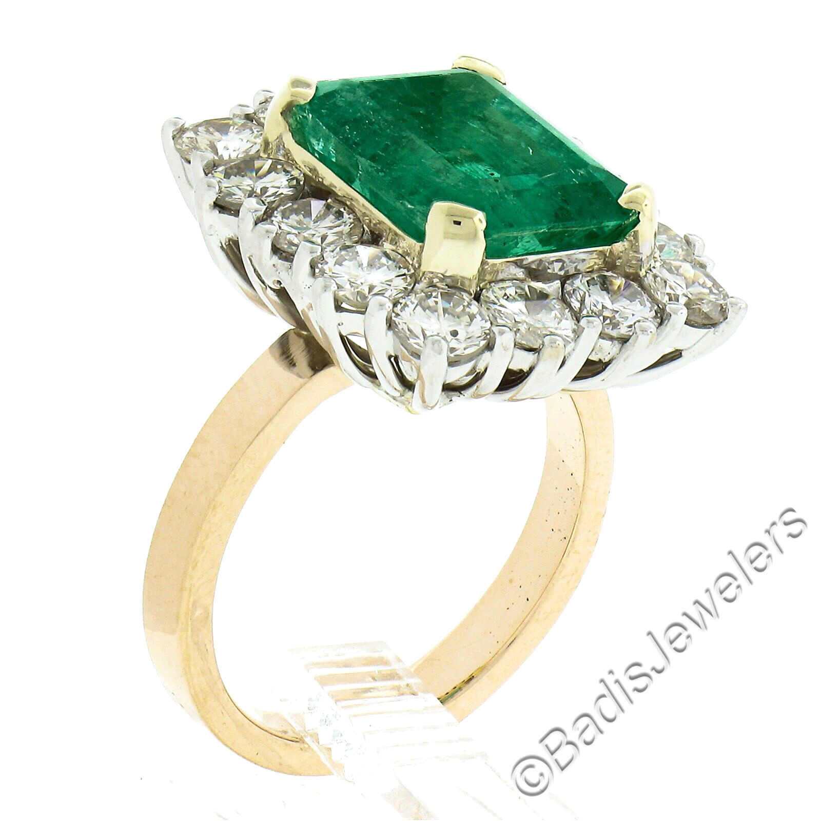 Vintage 18k Gold 7.83ctw AGL Colombian Emerald & Diamond Halo Cocktail Ring