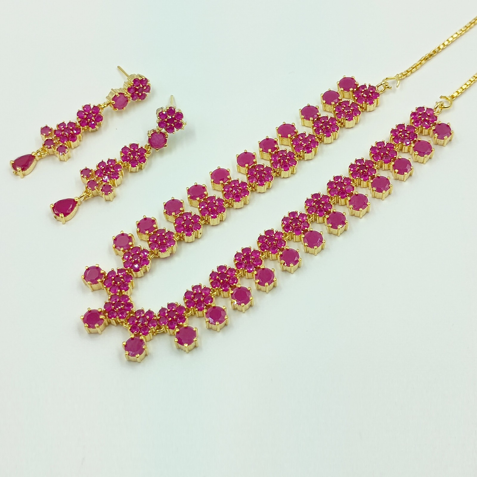 Indian 22k Gold Plated Ruby Floral Statement Necklace Set Wedding Jewelry