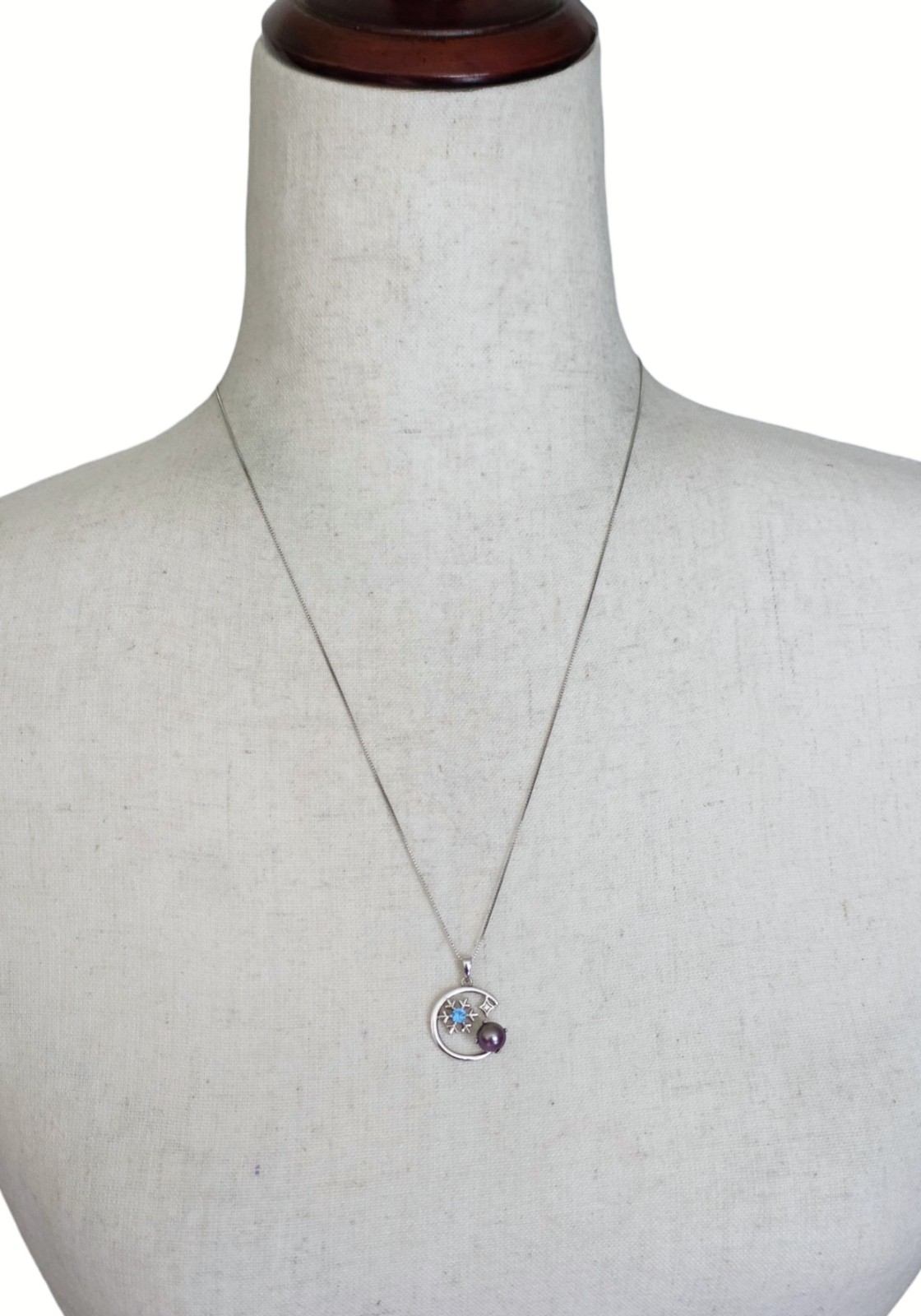 925 Sterling Silver Blue Topaz Pearl Celestial Crescent Moon Snowflake Necklace