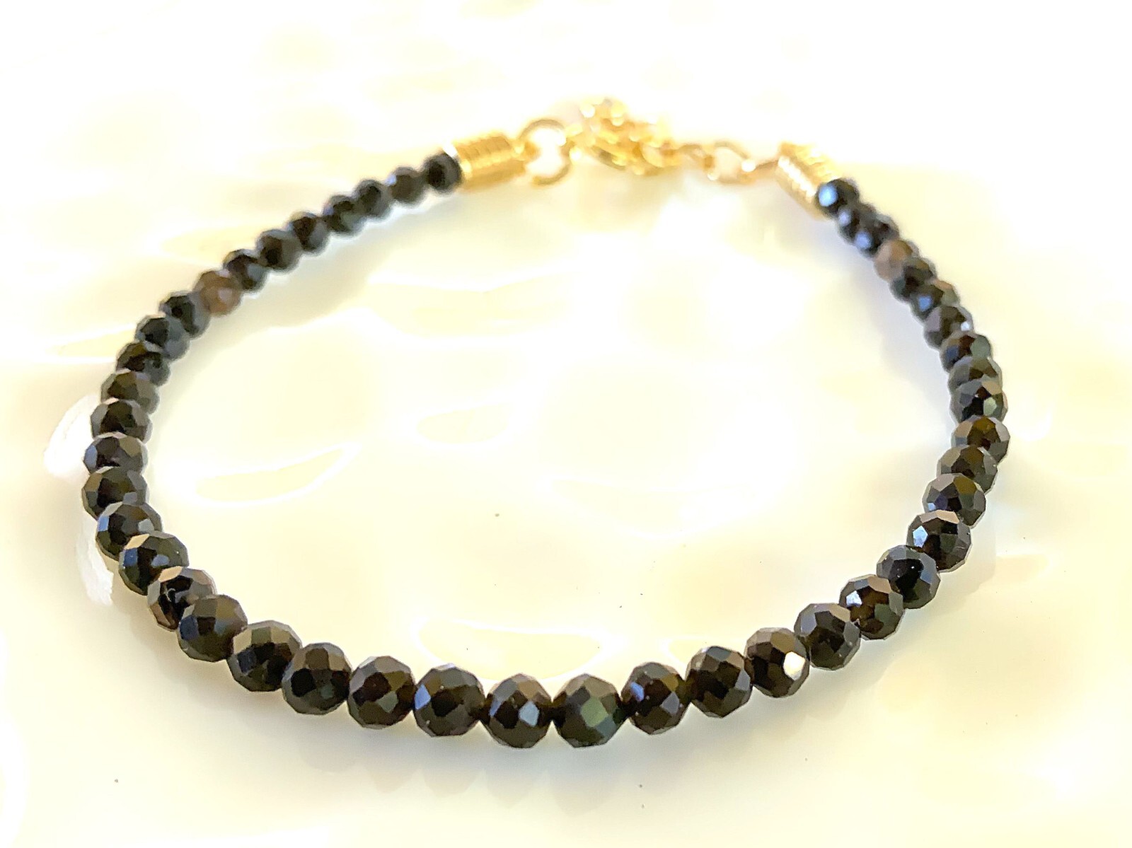 BLACK OBSIDIAN NATURAL Gold or Silver Bracelet 3mm Faceted gemstone crystals