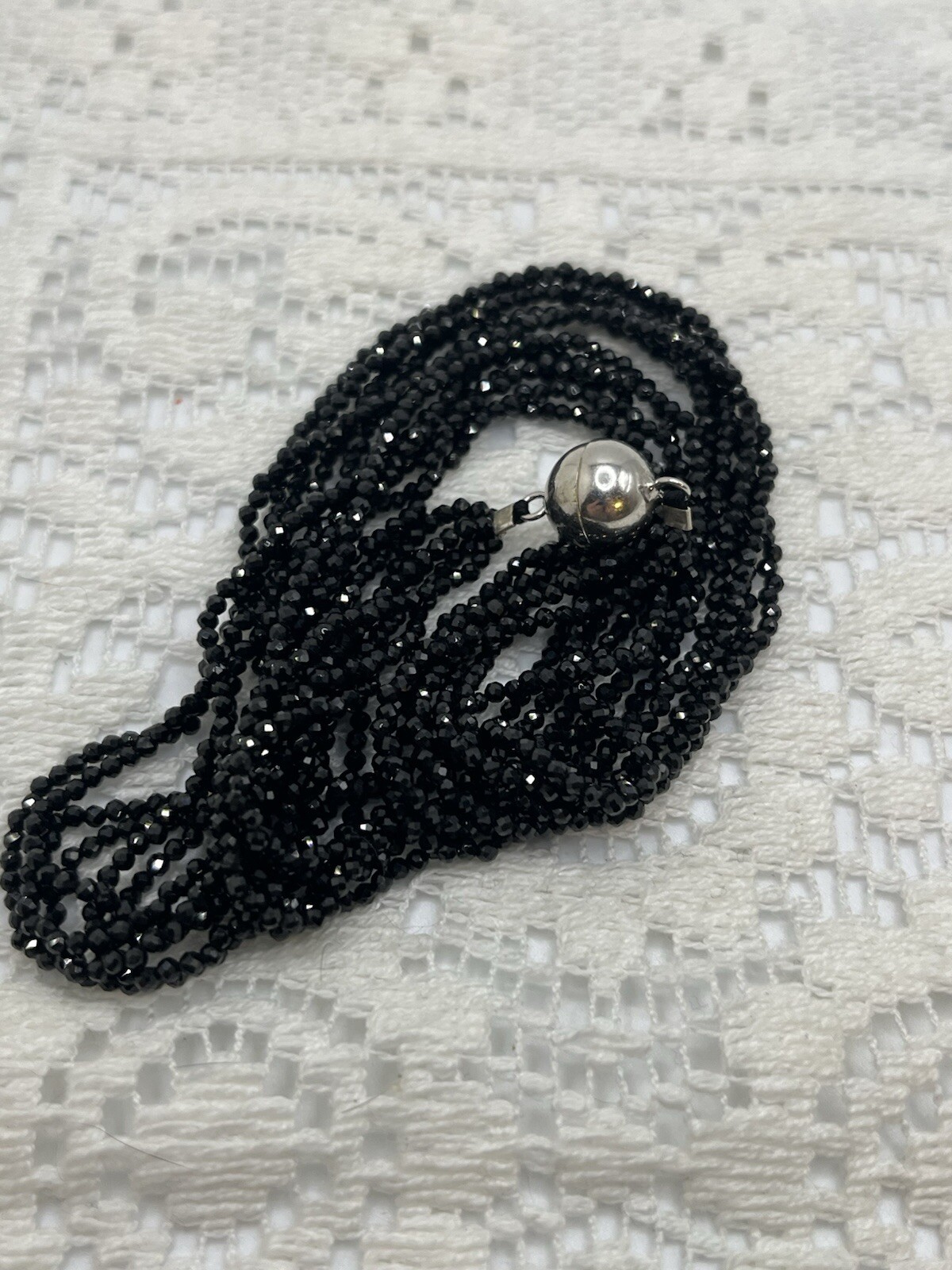 Sterling Silver Black Spinel Faceted Bead Six Strand 18″ Necklace Sparkly Fun