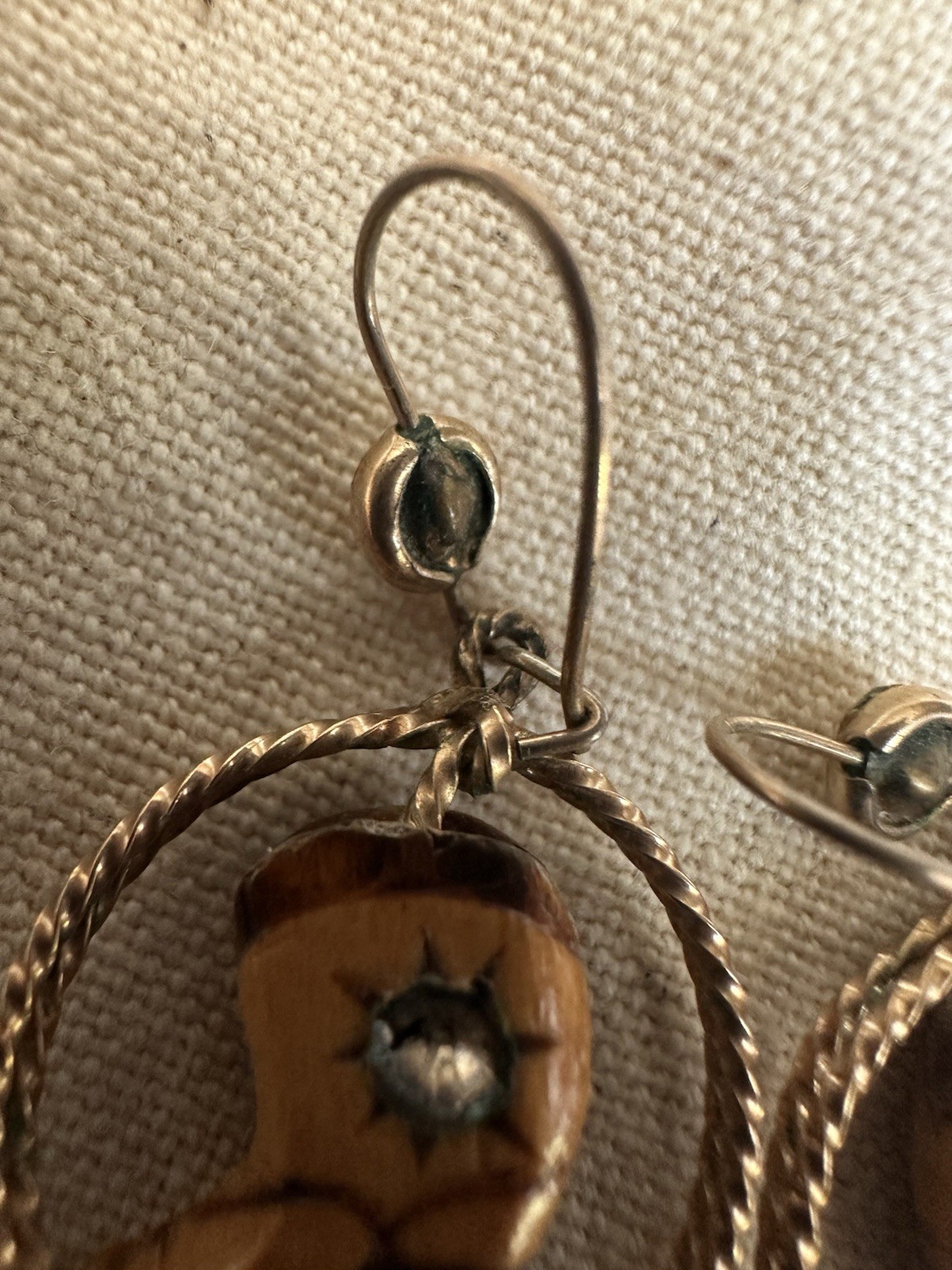 Gold Tone Hoop Dangle Earrings Brown Wood Charm Clear Round Crystal Hook Pair