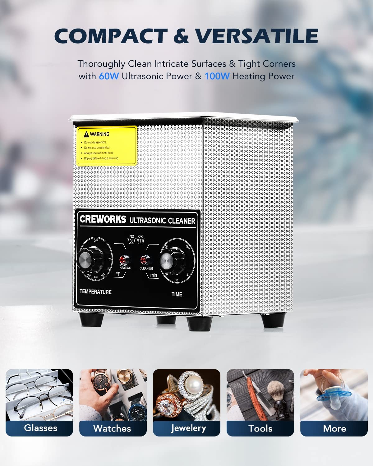 CREWORKS 2L Ultrasonic Cleaner with Heater Timer, 60W 304 Stainless Steel So…