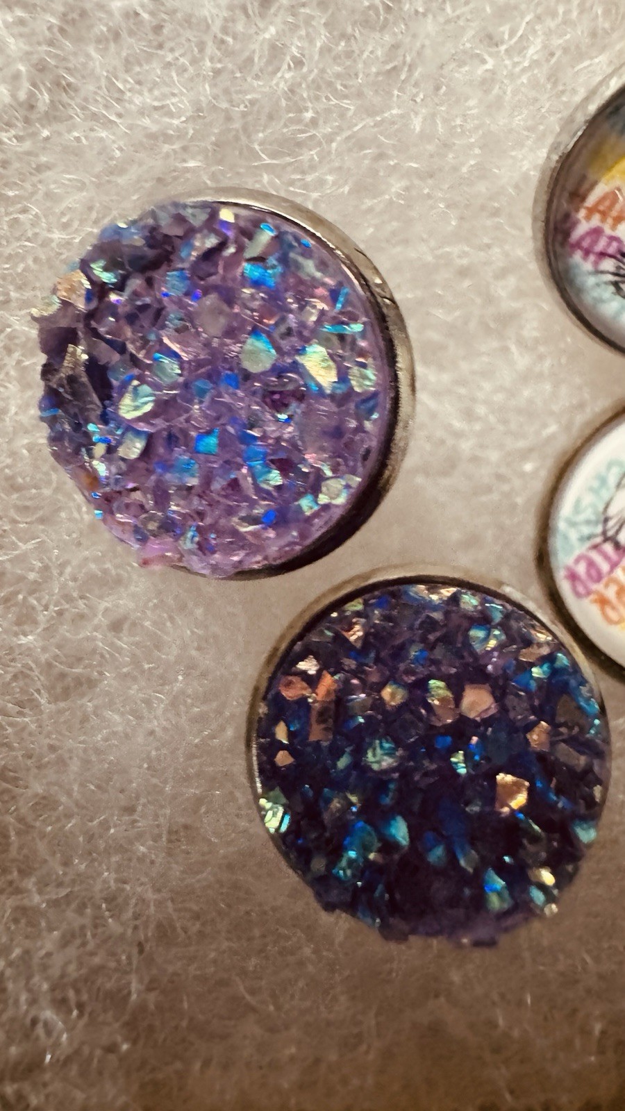 Lot of 2 Resin Round Stud Earrings Purple Druzy & Bunny Print Glossy/ Easter