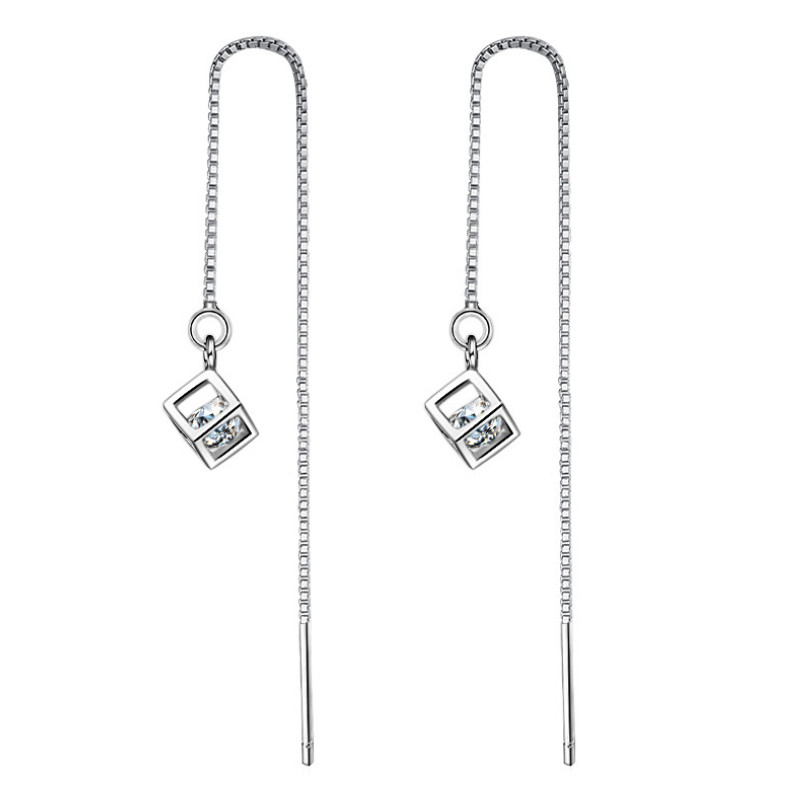 925 Silver Plated Square CZ Ear Chain Thread Pull Through Threader Earrings P1
