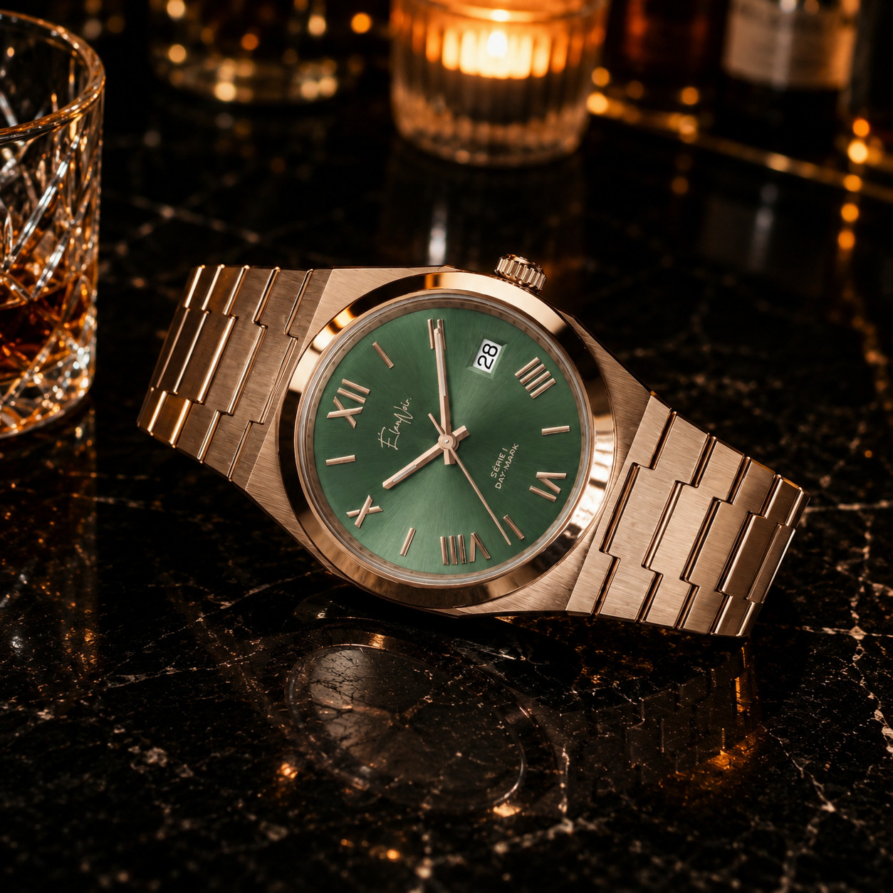 Custom Élan Noir Série I Rose/Green 36mm Auto NH35 Sapphire Crystal Steel Watch