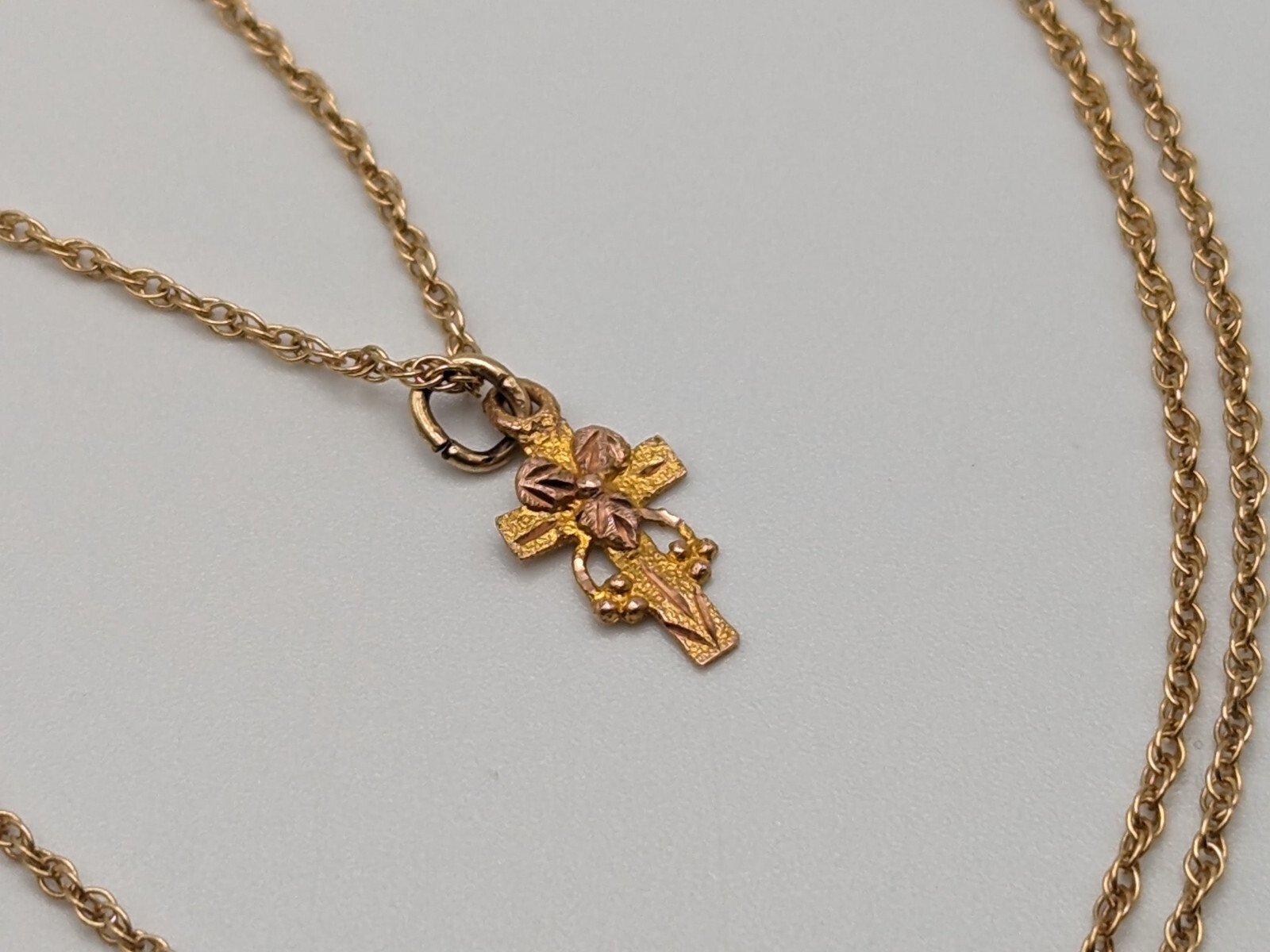 10k 12k Black Hills Gold Pendant w 14k GF Chain BHG Leaf & Vine Cross Pendant