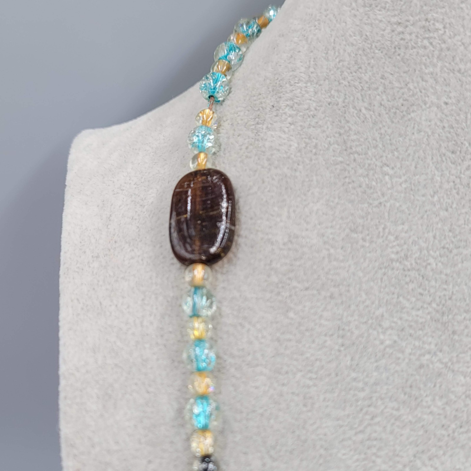 Artisan Brown Yellow Blue Glass Bead Necklace 28 in