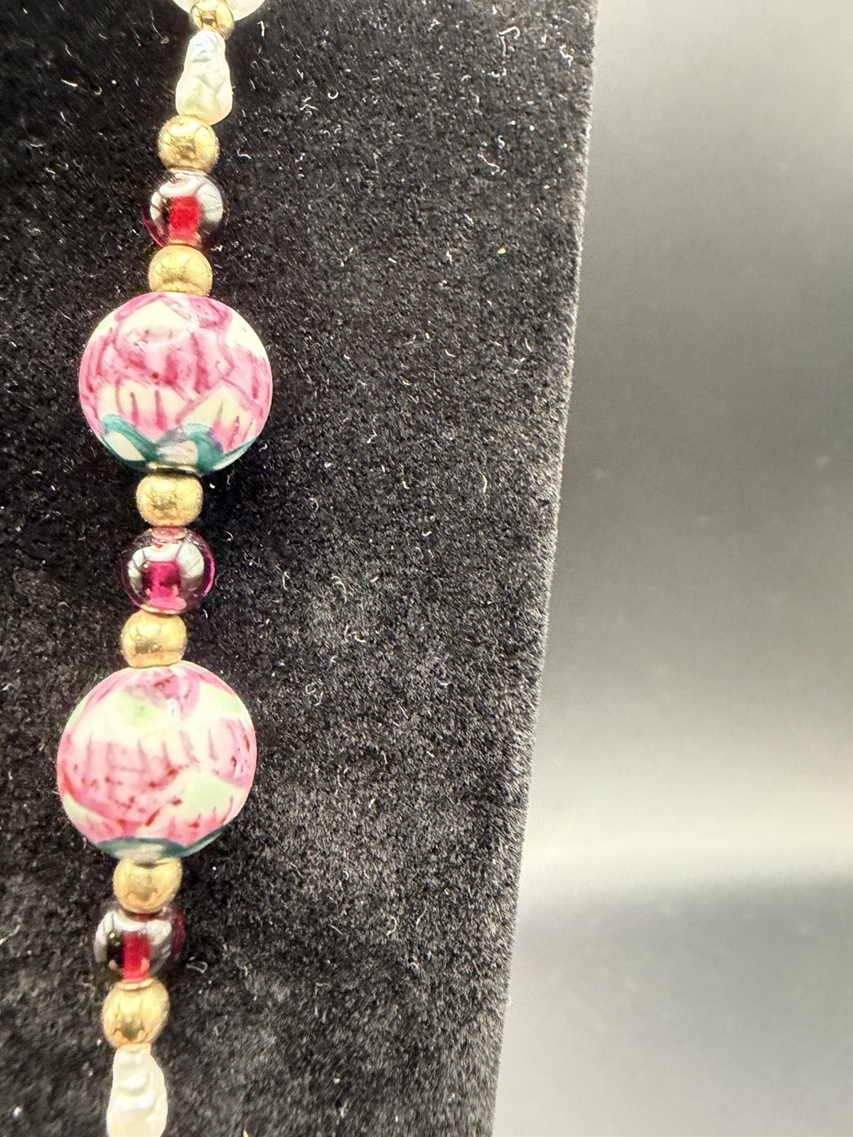 Vintage Amethyst Garnet Pearl Necklace 12K Gold Filled Clasp Hand Painted Beads