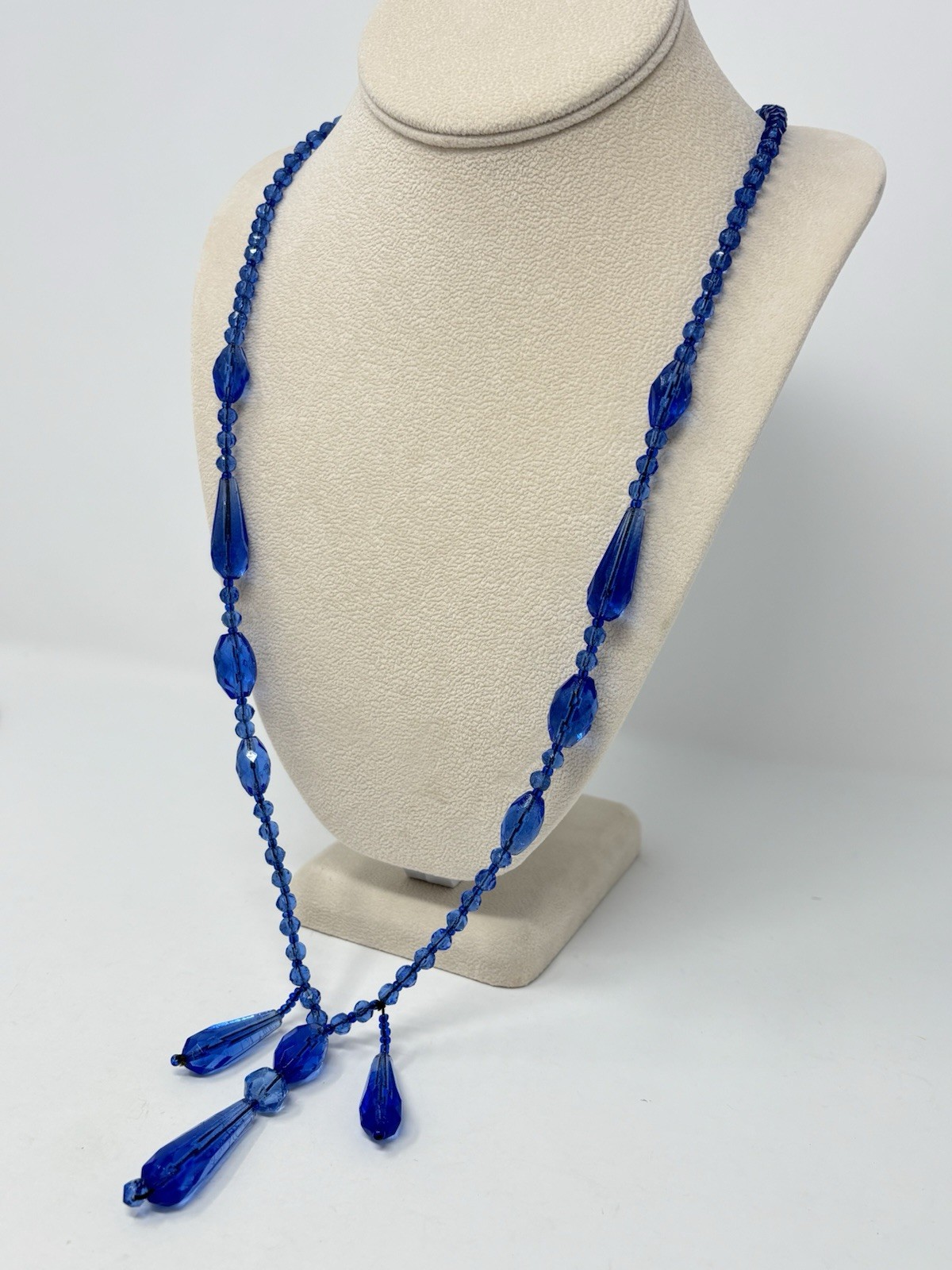 Antique Art Deco Blue Glass Bead Necklace Sautoir Flapper Teardrop 30″