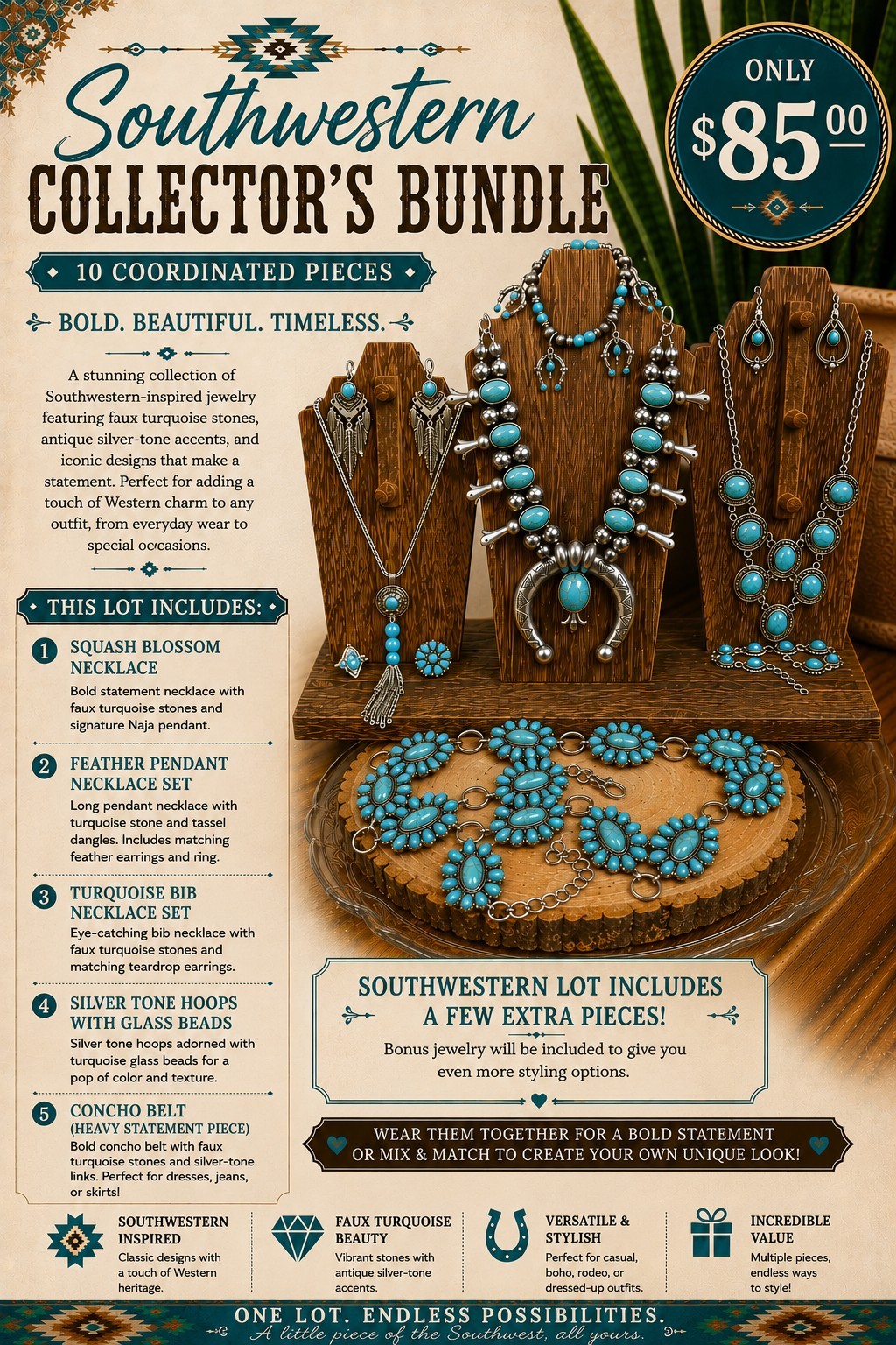 Southwestern Women’s 10pc Mixed Jewelry Lot Necklace Ring Earrings Belt Bracelet