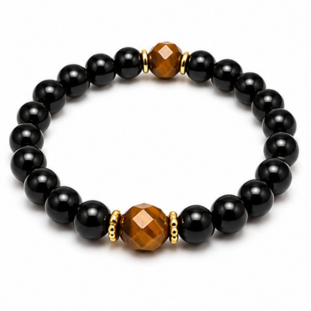Natural Black Obsidian Bracelet Faceted Tigers Eye Gold Spacer Beads Stretch