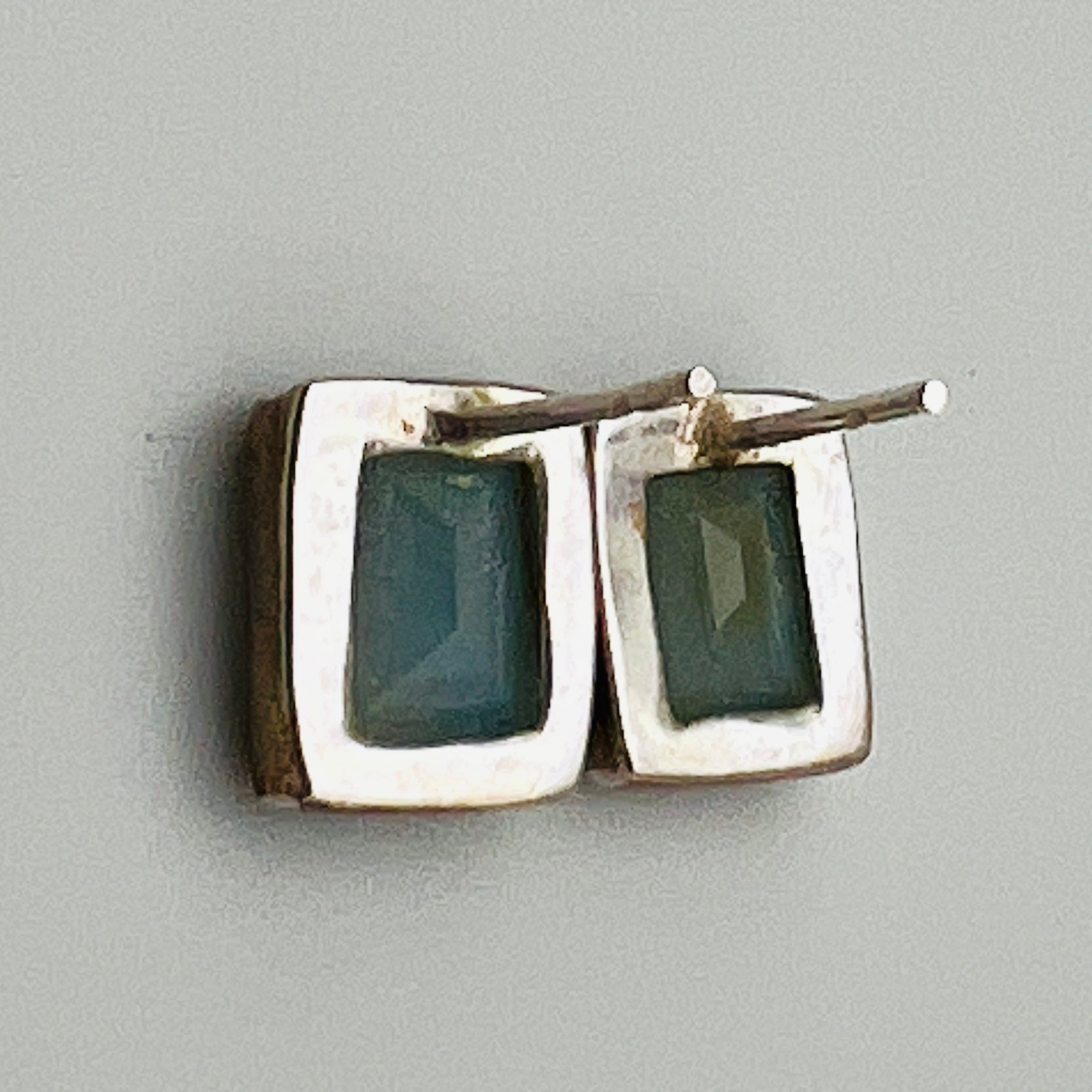 Silver Tone Stud Earrings Rectangle Blue Glass Modern Minimal Jewelry