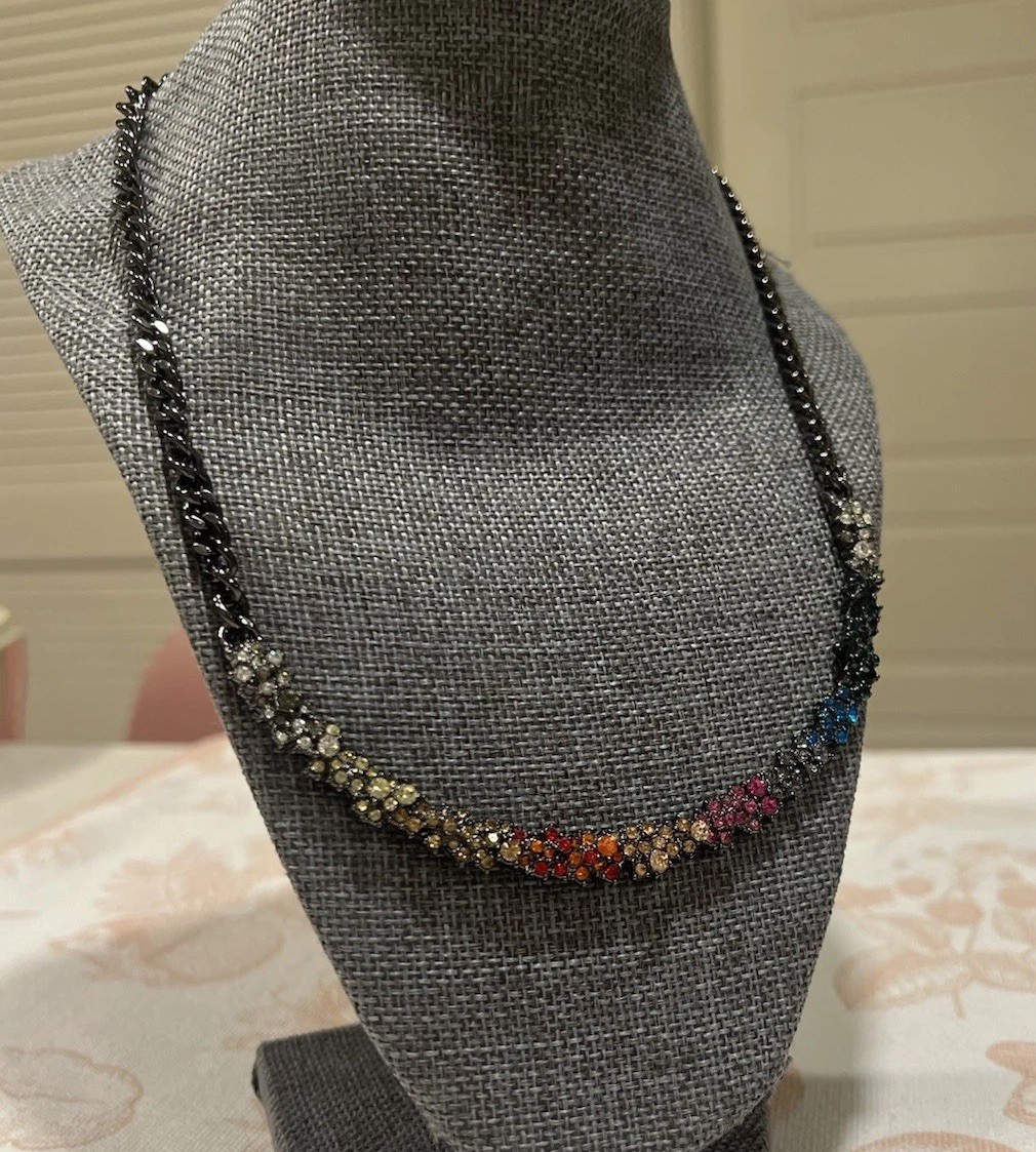 Rhinestone Collar Statement Necklace Signed Logo Stunning Gunmetal EUC H4