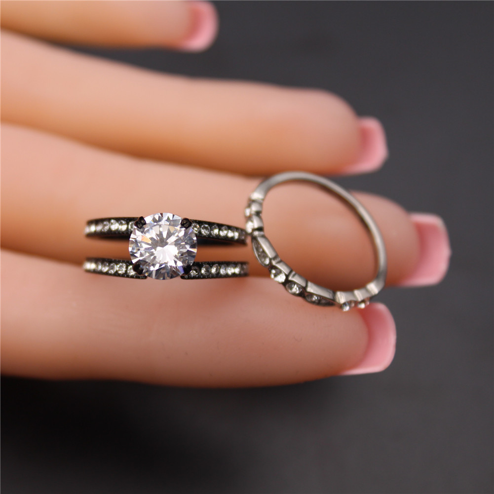 Women’s 2.18 Ct Black Stainless Round CZ Bridal Engagement Wedding Ring Set