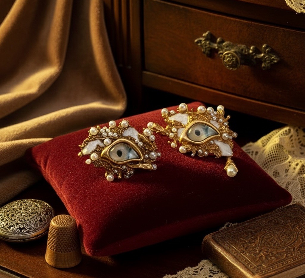 Pearl Baroque Evil Eye Earrings Museum Gold Devil Revival Mismatch Art VTG Stud
