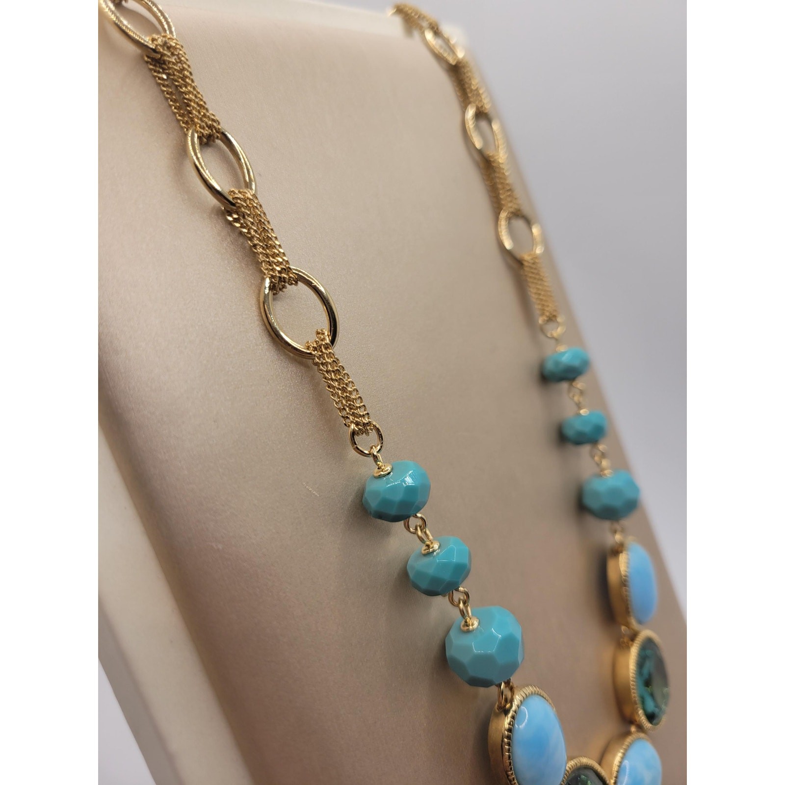 Vintage Signed Monet Faux Larimar Aqua Necklace Oval Crystal Cabochons 1990s