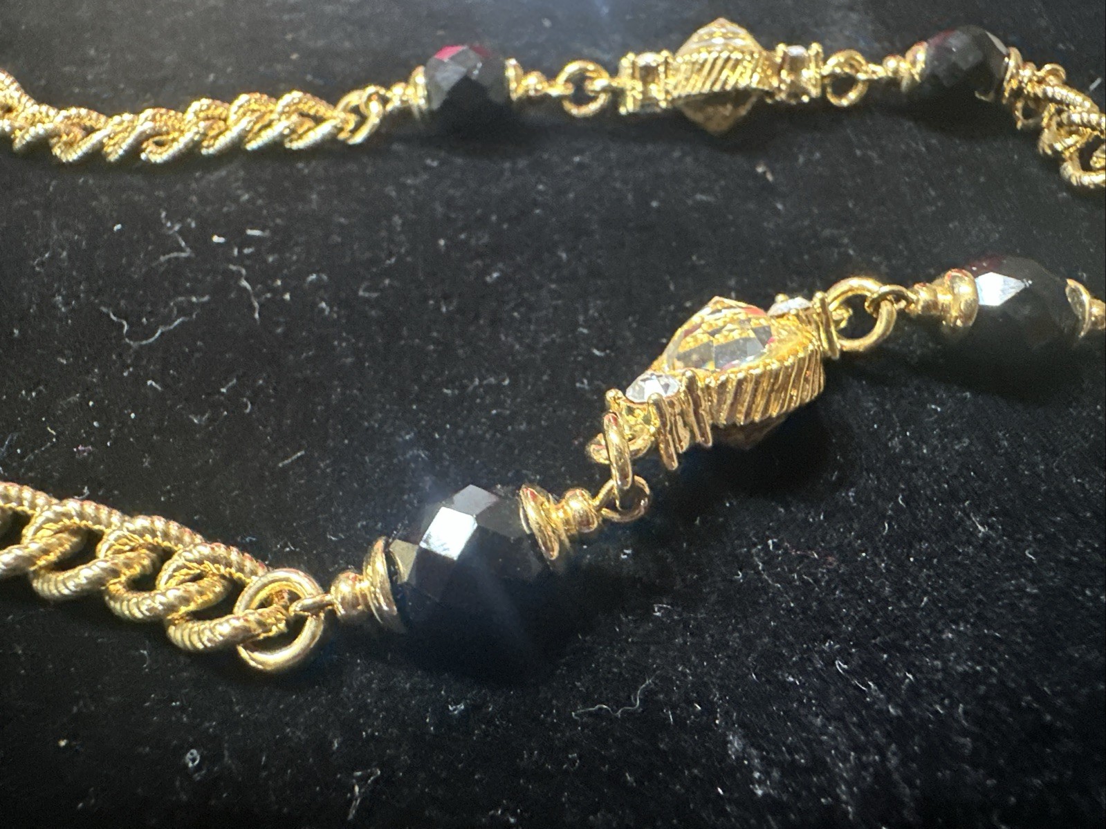 ST. JOHN Logo Gold Tone Black Bead & Bezel Colorless Crystal Necklace 46” Beauty