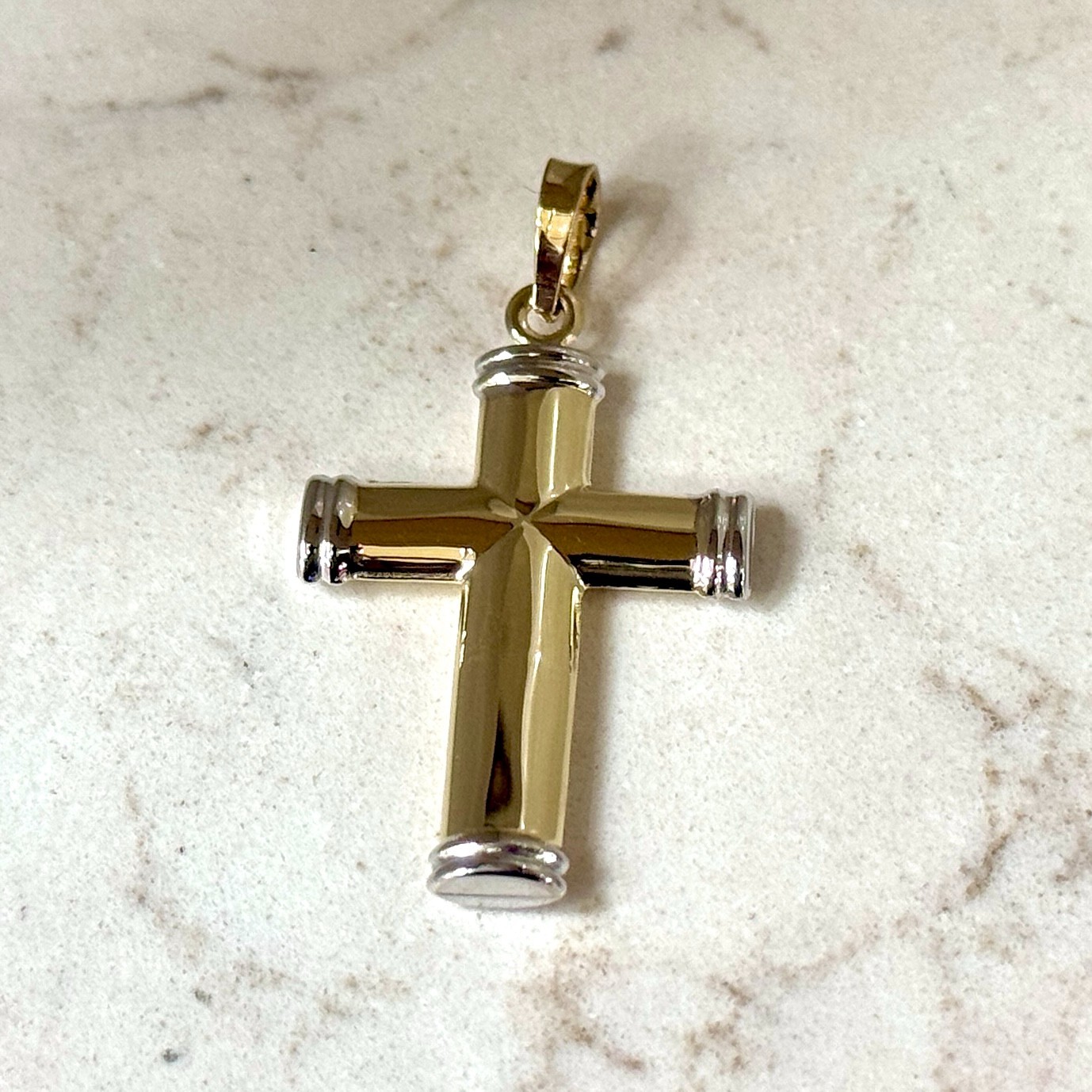 9ct Yellow and White Gold Hollow Tube Plain Cross Pendant Free Shipping