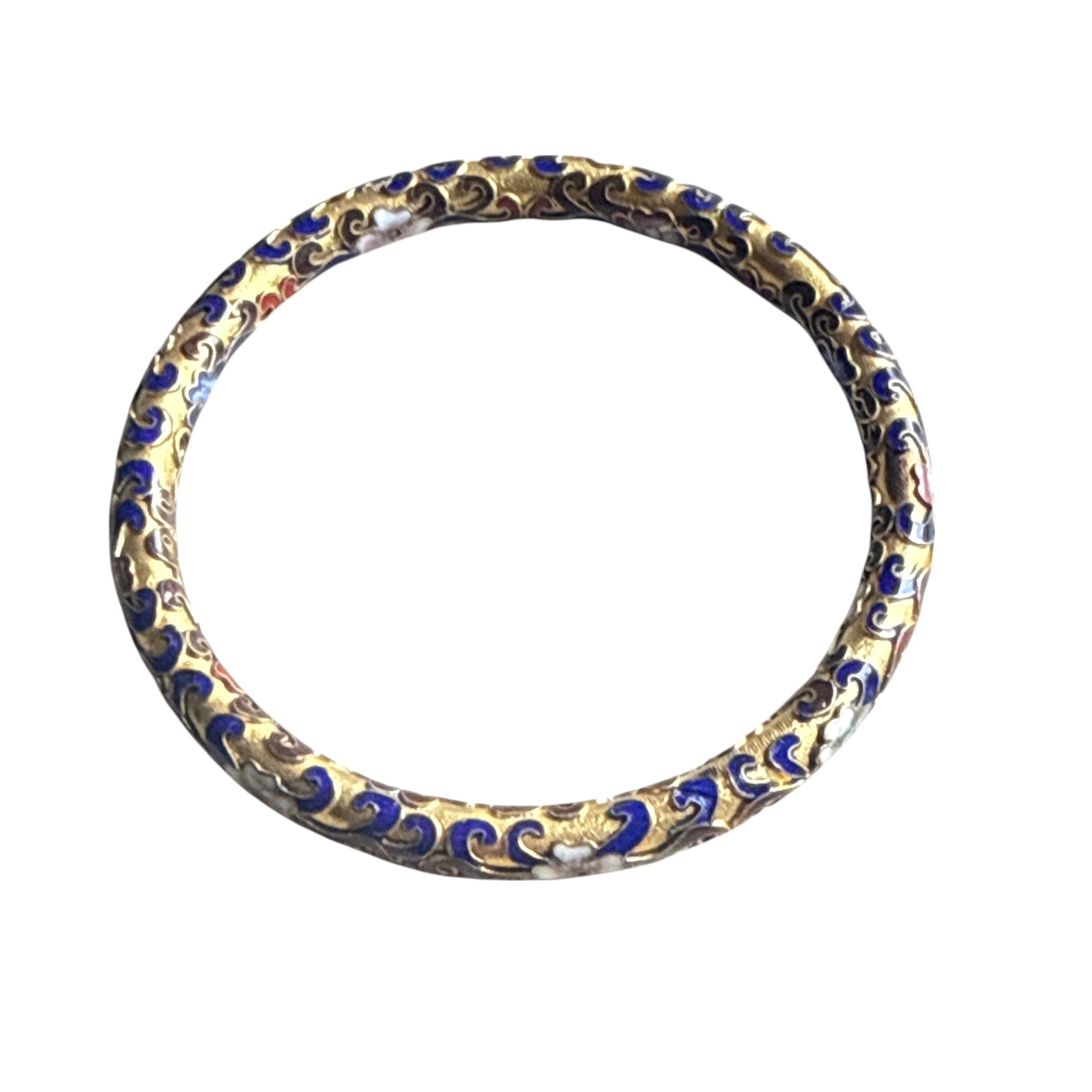Vintage Cloisonné Enamel Bangle Bracelet Gold-Tone With Blue & Red Swirl Pattern