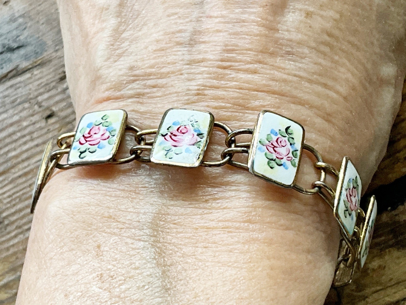 Vintage Bliss Brothers Co. Sterling Vermeil with Enamel PINK ROSES Bracelet