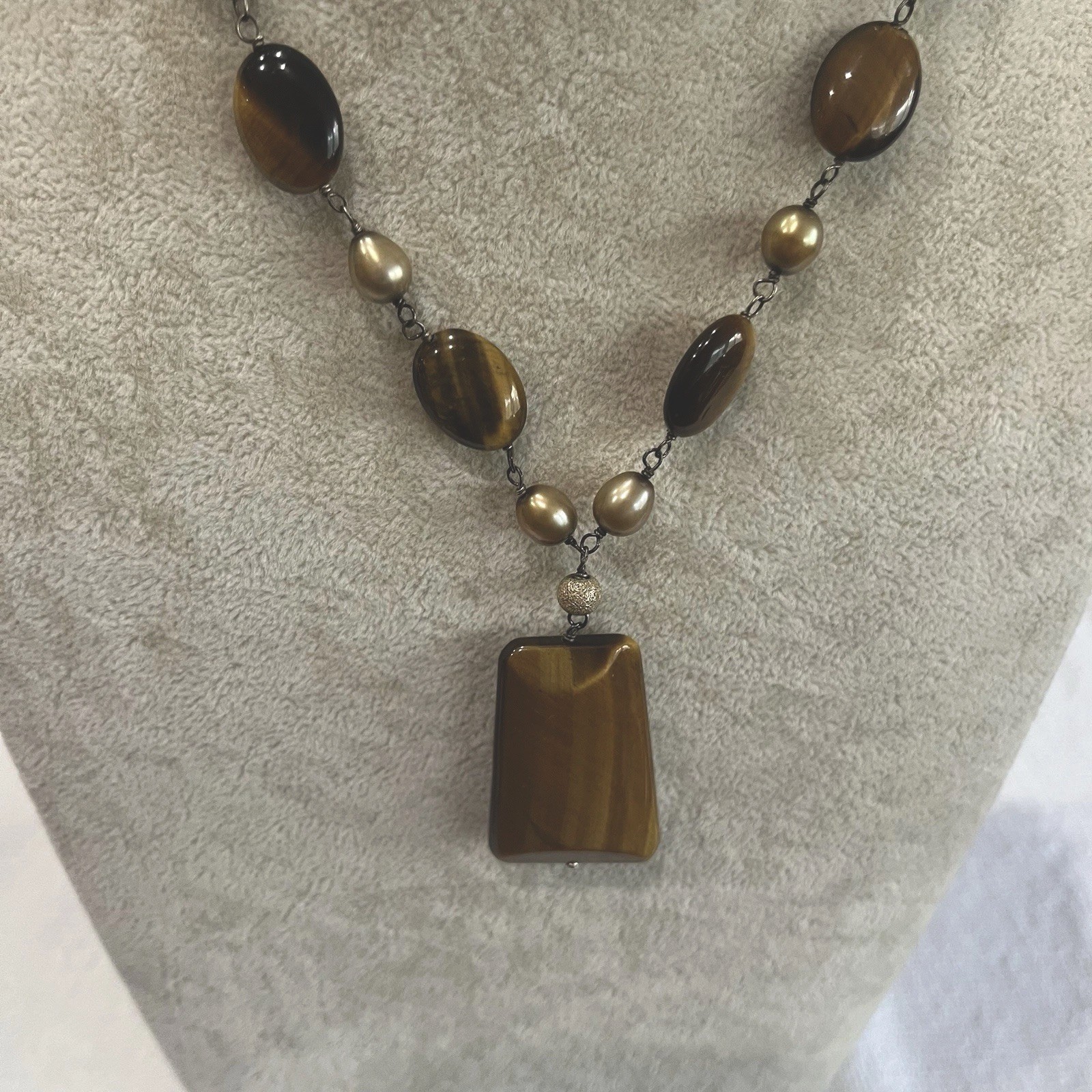 Tiger Eye Pendant Necklace Freshwater Pearl Sterling Silver 925 Statement Toggle
