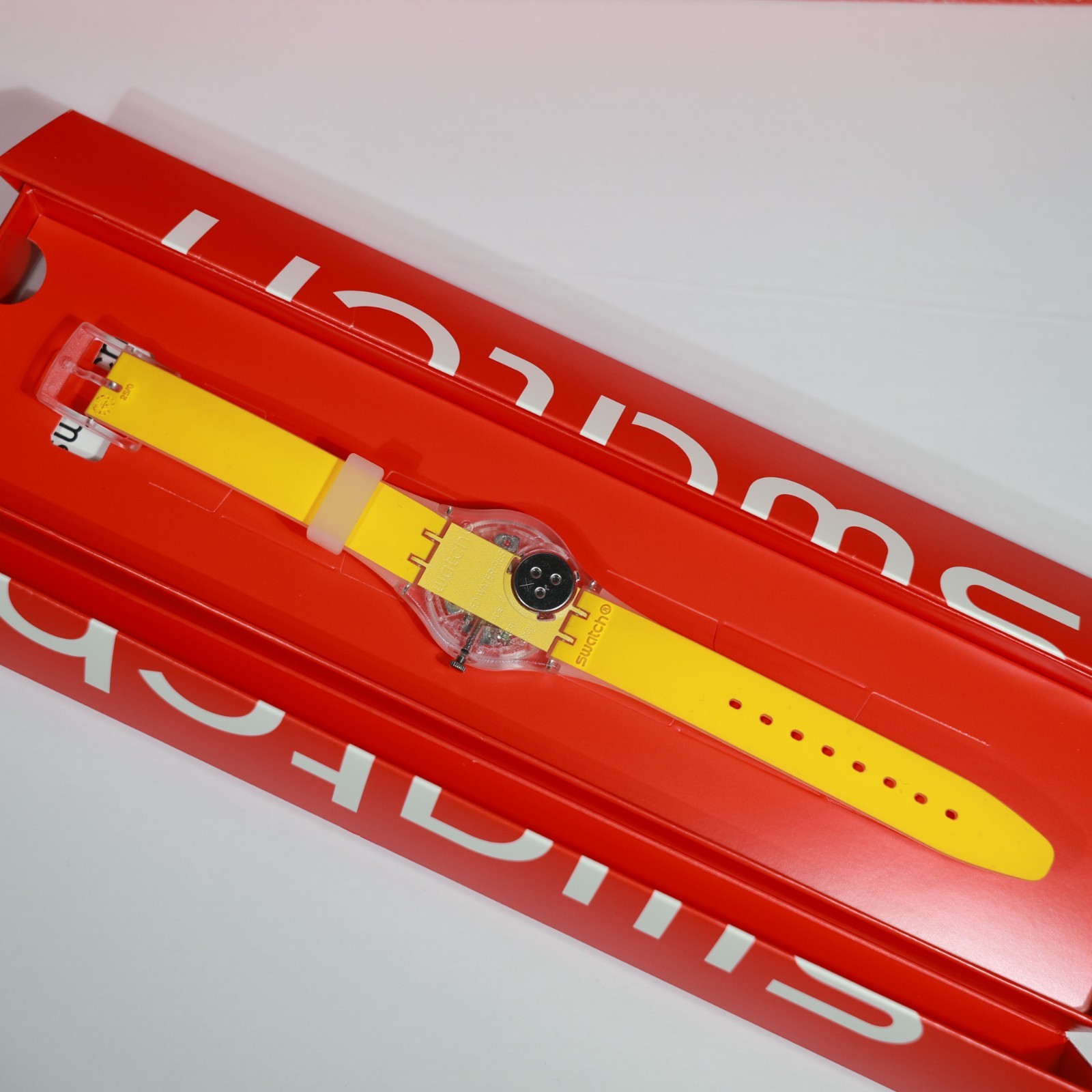 New Limited Swiss Made SWATCH GE291 Clearly Yellow Striped 34MM Transparent