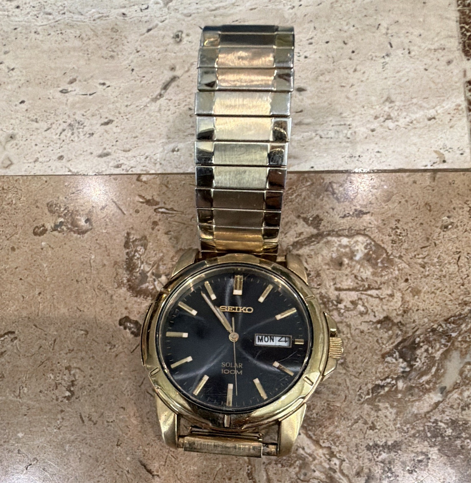 Seiko Solar Quartz Day/Date 100m Gold-Tone Bracelet Black Sunburst Dial