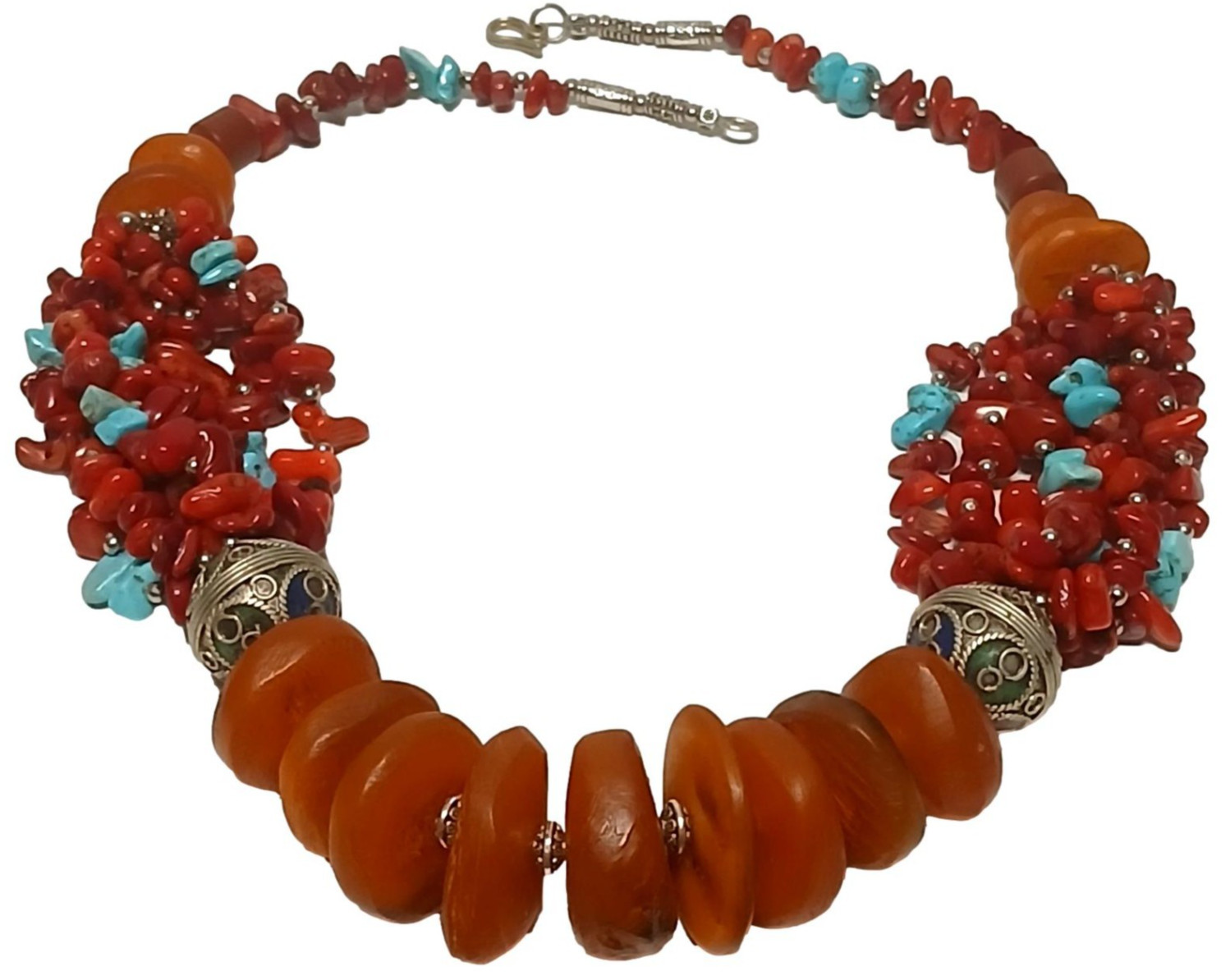 Vintage -Style Moroccan Berber Amber & Coral Turquoise Beaded Necklace Ethnic