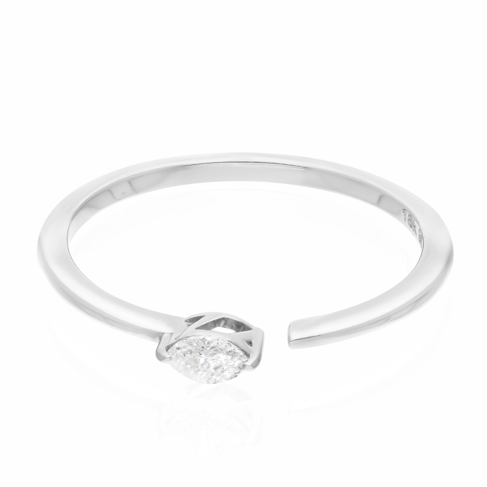 Real 0.11 Ct SI/H Marquise Cut Diamond Open Cuff 18k White Gold Stacking Ring