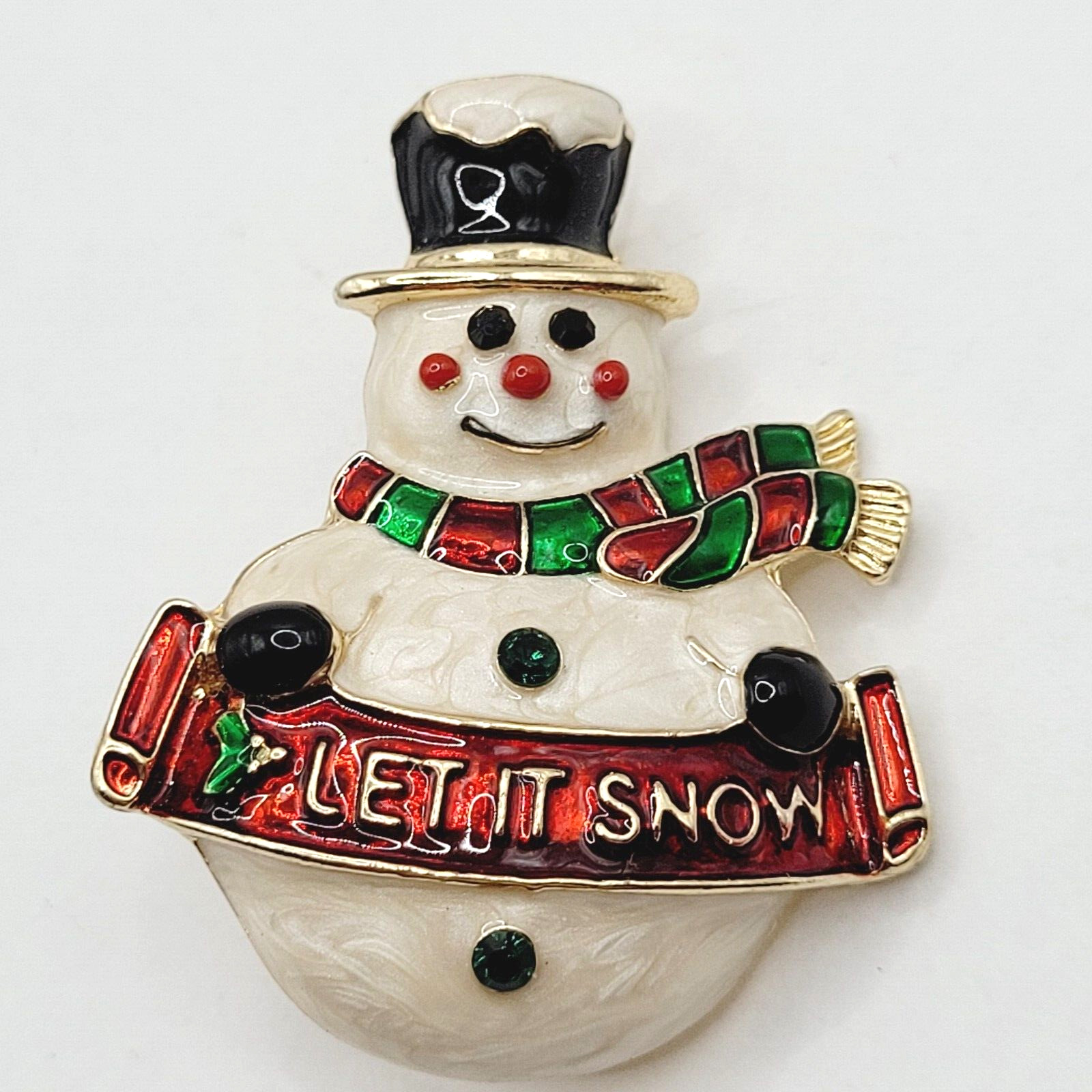 LET IT SNOW Metal and Enamel Snowman with Top Hat Scarf Gold Tone Brooch Pin