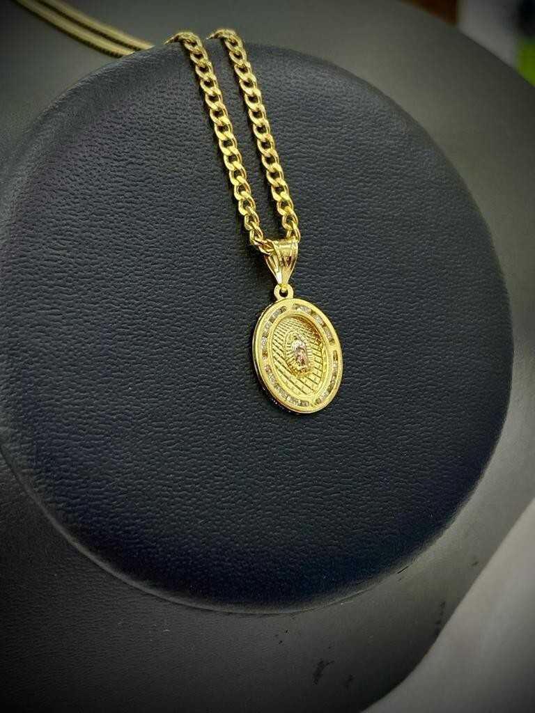 14k Oro Laminado Medalla de Virgen de Guadalupe & Cadena Para Mujer Niños Curb