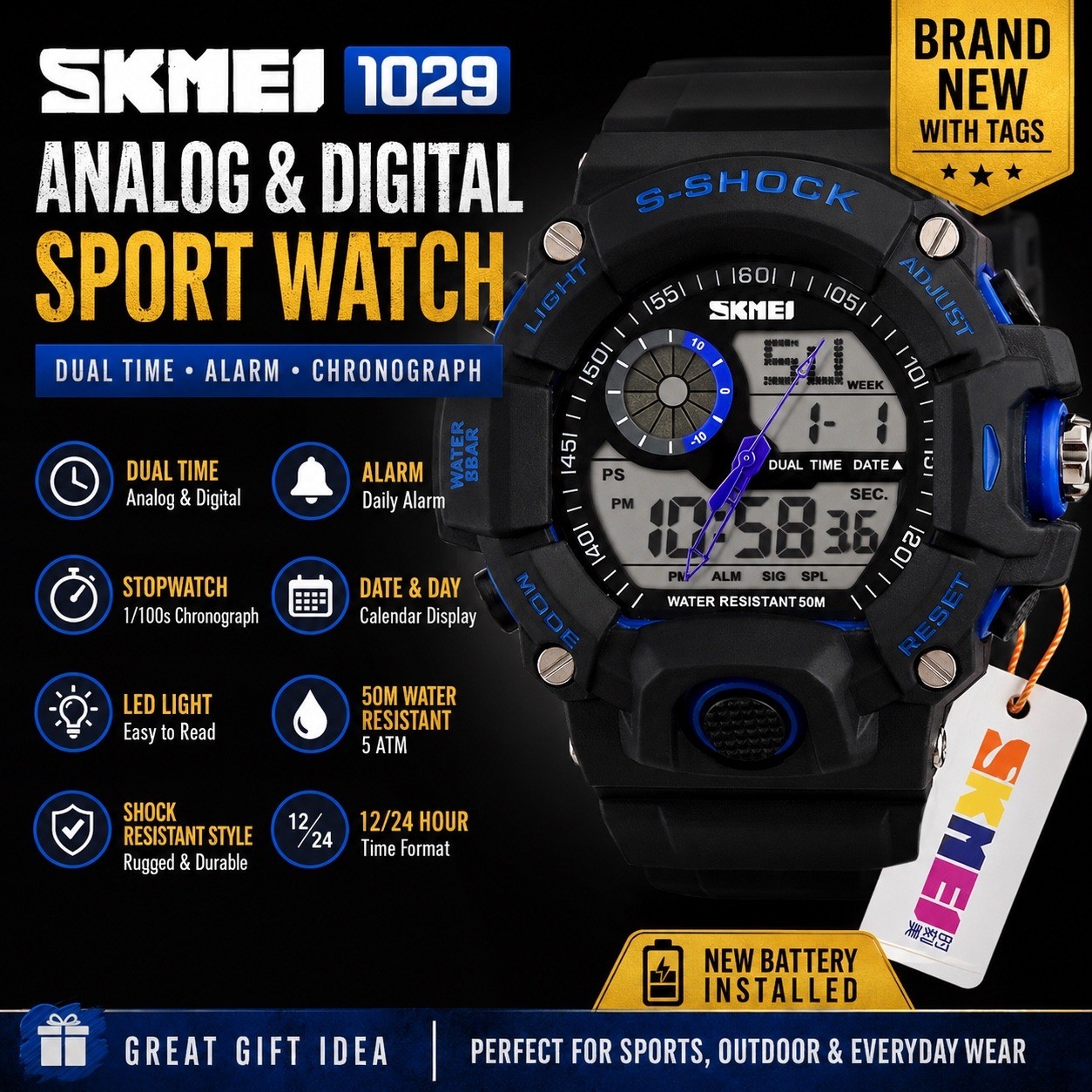 SKMEI 1029 Analog Digital Sport Watch Black Blue Dual Time Alarm NWT Battery