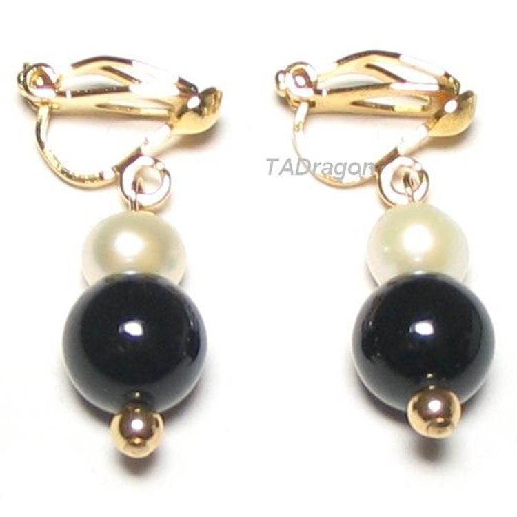 Genuine White Pearl & Black Agate Clip On Earrings 925 Silver or Gold Plated