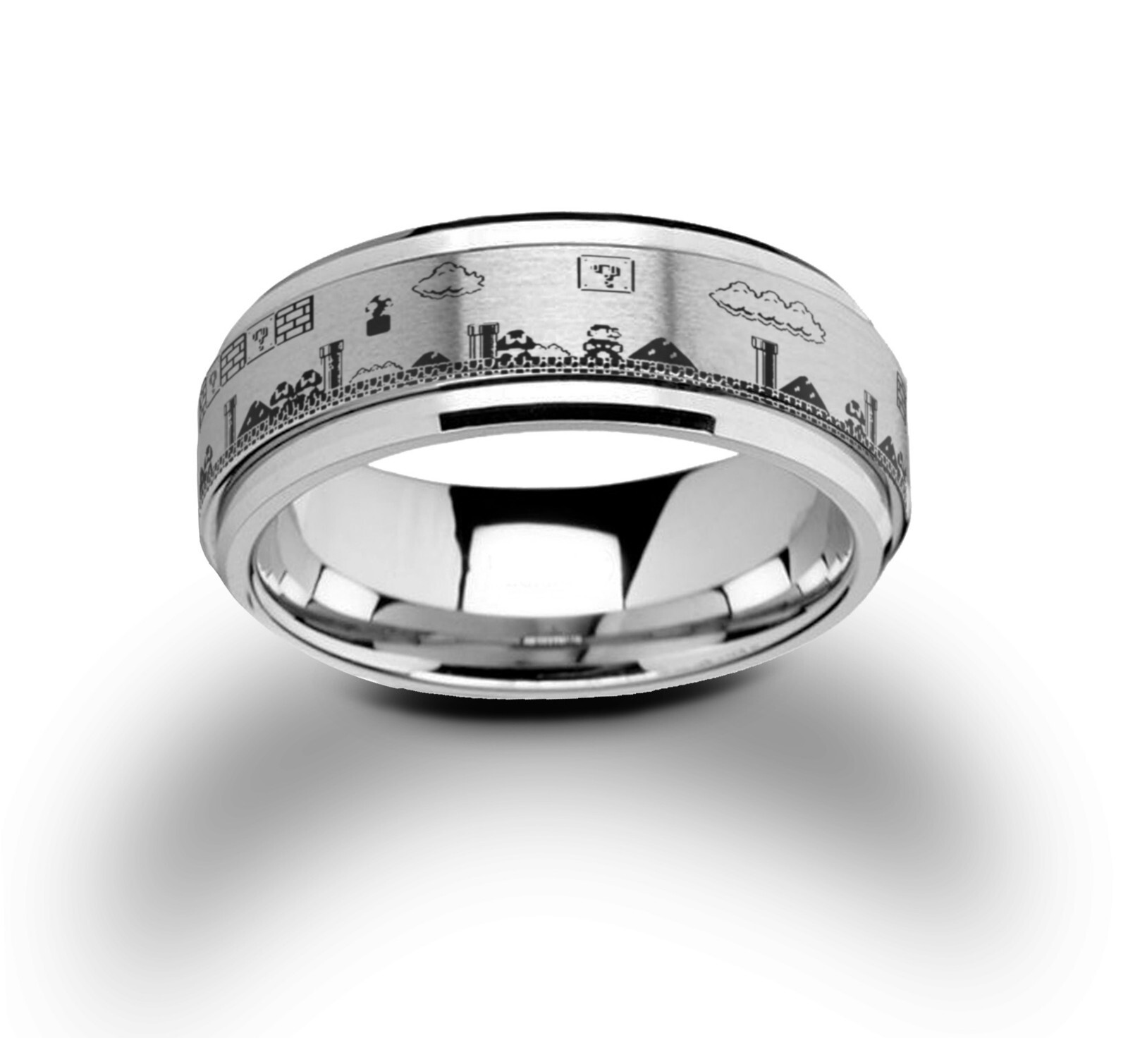 Mario Bros Video Game Spinner Ring, Tungsten Carbide Wedding Ring 8mm