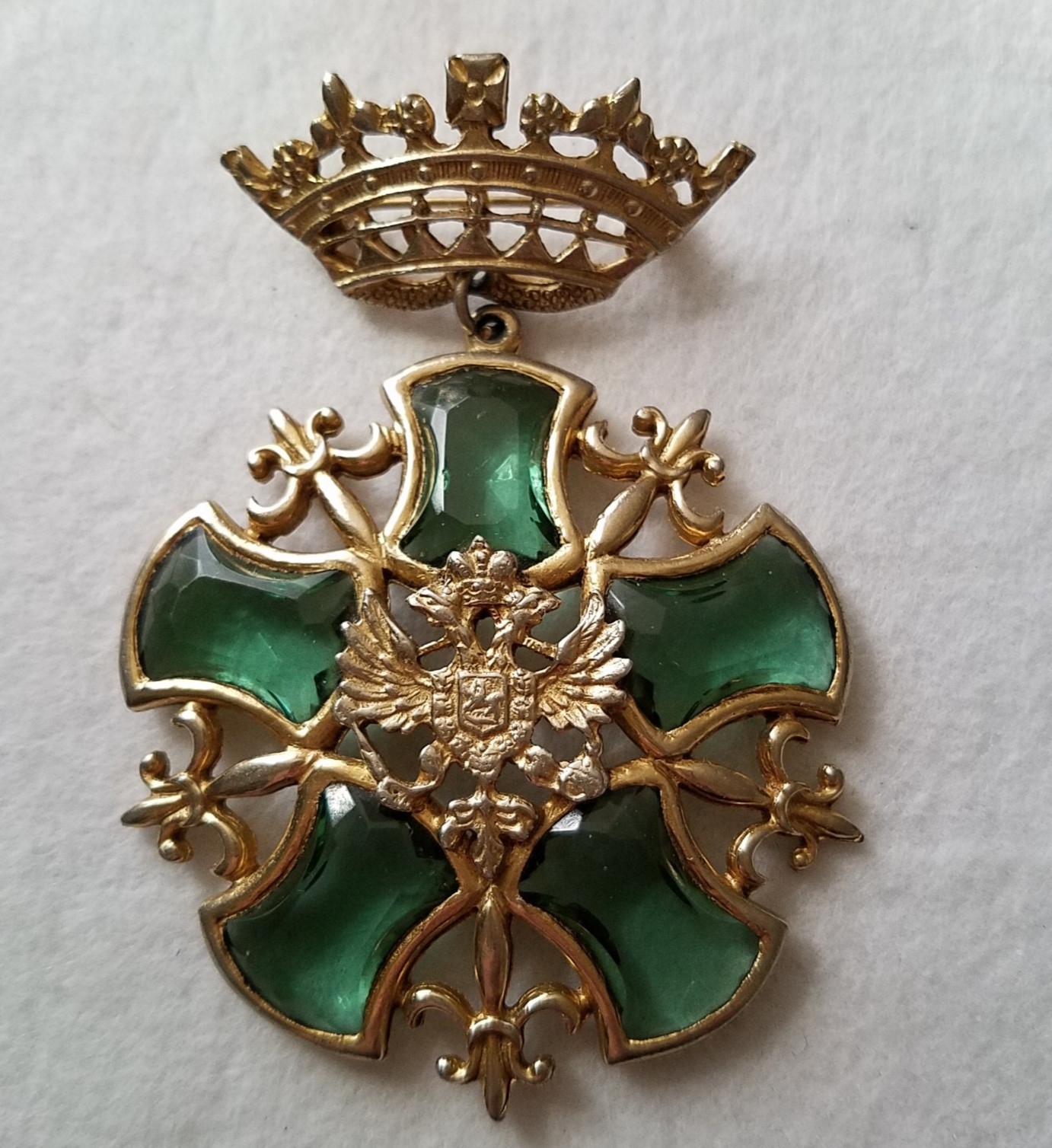 Vintage Crown Doubled-Headed Eagle Shield Green Rhinestone Fleur de Lis Brooch