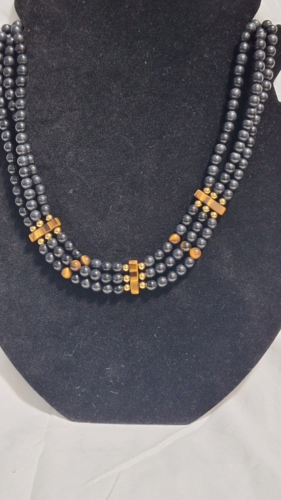Black Glass Beaded Multi-Strand Statement Necklace Gold Tone Lobster Clasp