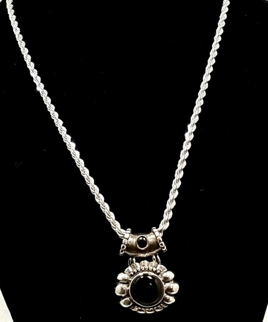 Vintage 925 Sterling Silver Modernist Black Onyx Pendant Necklace 20.1 Grams