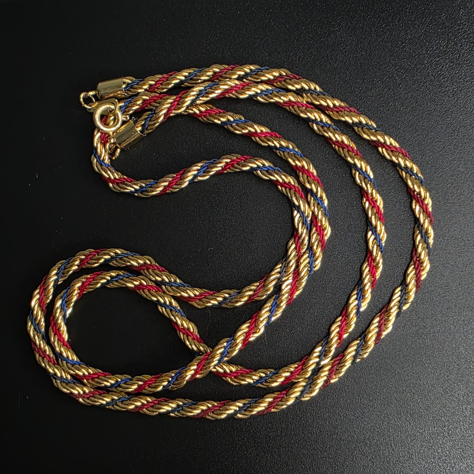 18KGF Gold Filled Tricolour Rope Twist Necklace Red Blue Silk 22.6g 32cm 18ct