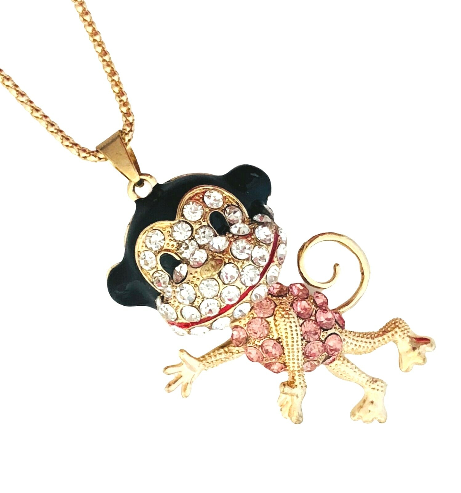 Monkey Moving Head Crystal Rhinestone Pendant Long Chain Sweater 3D Necklace