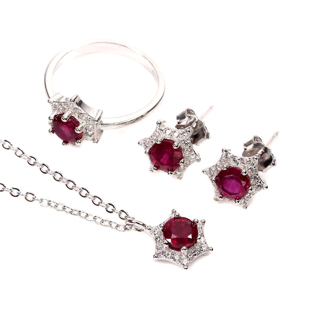 925 Sterling Silver Sets Necklace Earrings Ring Round Ruby 5mm Gemstone Jewelry