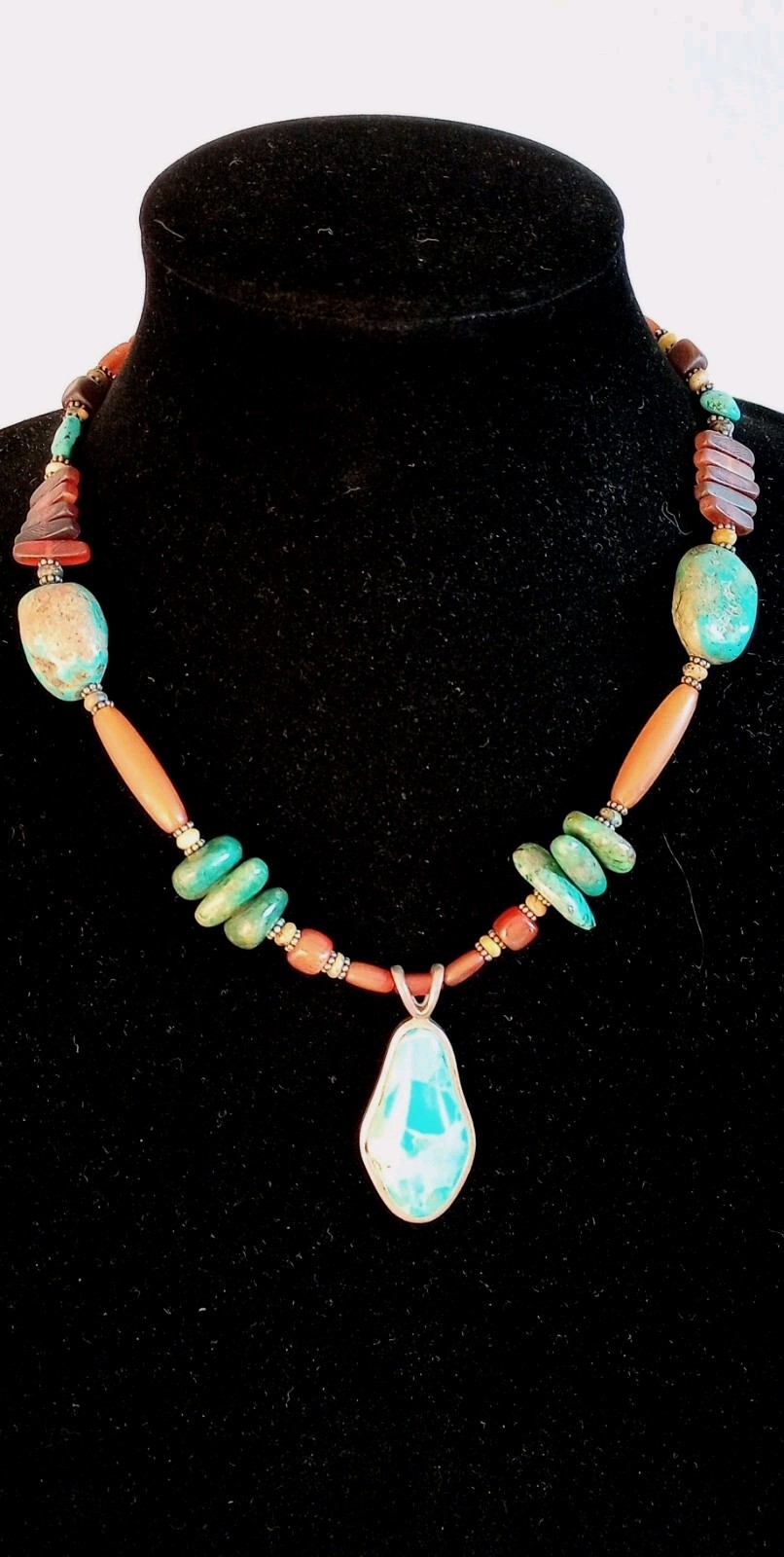 Signed BARSE .925 Sterling Silver Turquoise & Amber Necklace 52.55 Grams 18″ L