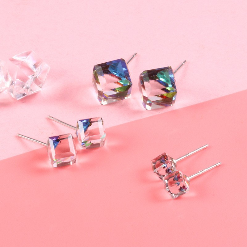 A Pair Square Cube Crystal 925 Sterling Silver Stud Post CZ Earrings Gift