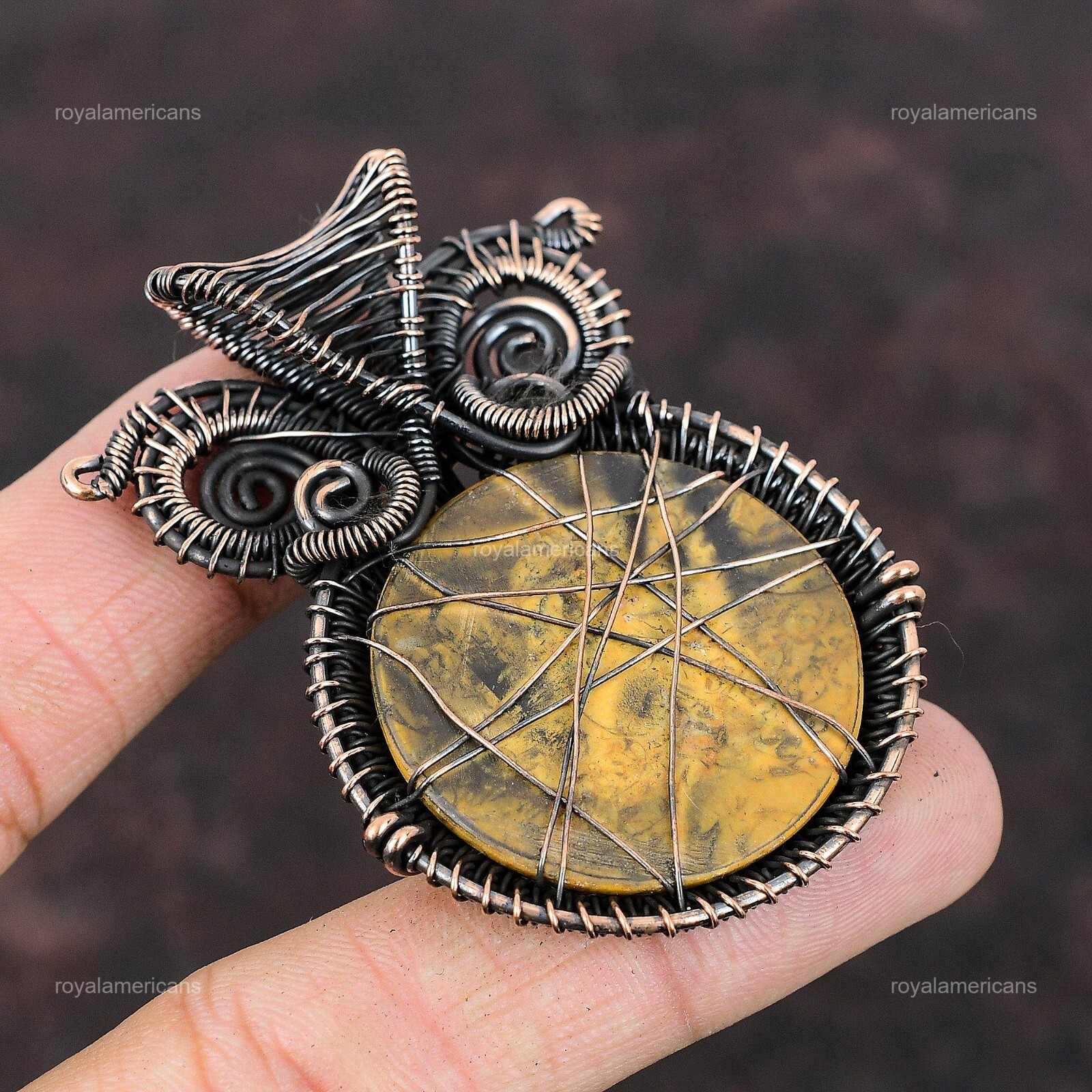 Petrified Wood Jasper Wire Wrapped Owl Pendant Handcrafted Copper Unique 2.48″