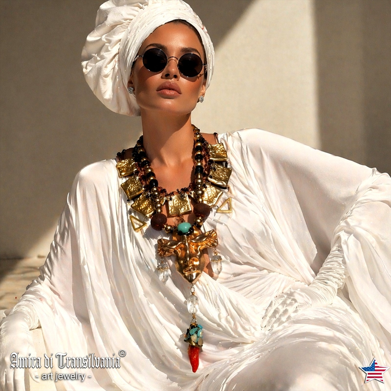 Statement Luxury Necklace Jewelry Pendant Tribal Mask Sculpture Horn & Gemstone